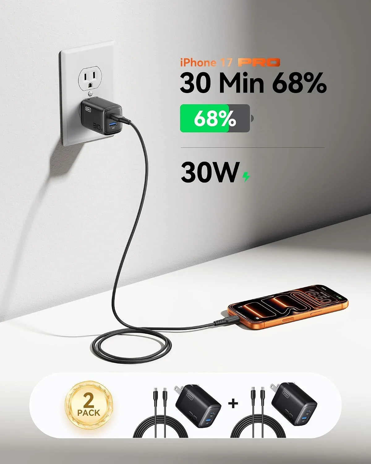 INIU USB C Charger, 30W Type C Fast Charging, 2-Port Adapter Charger Block