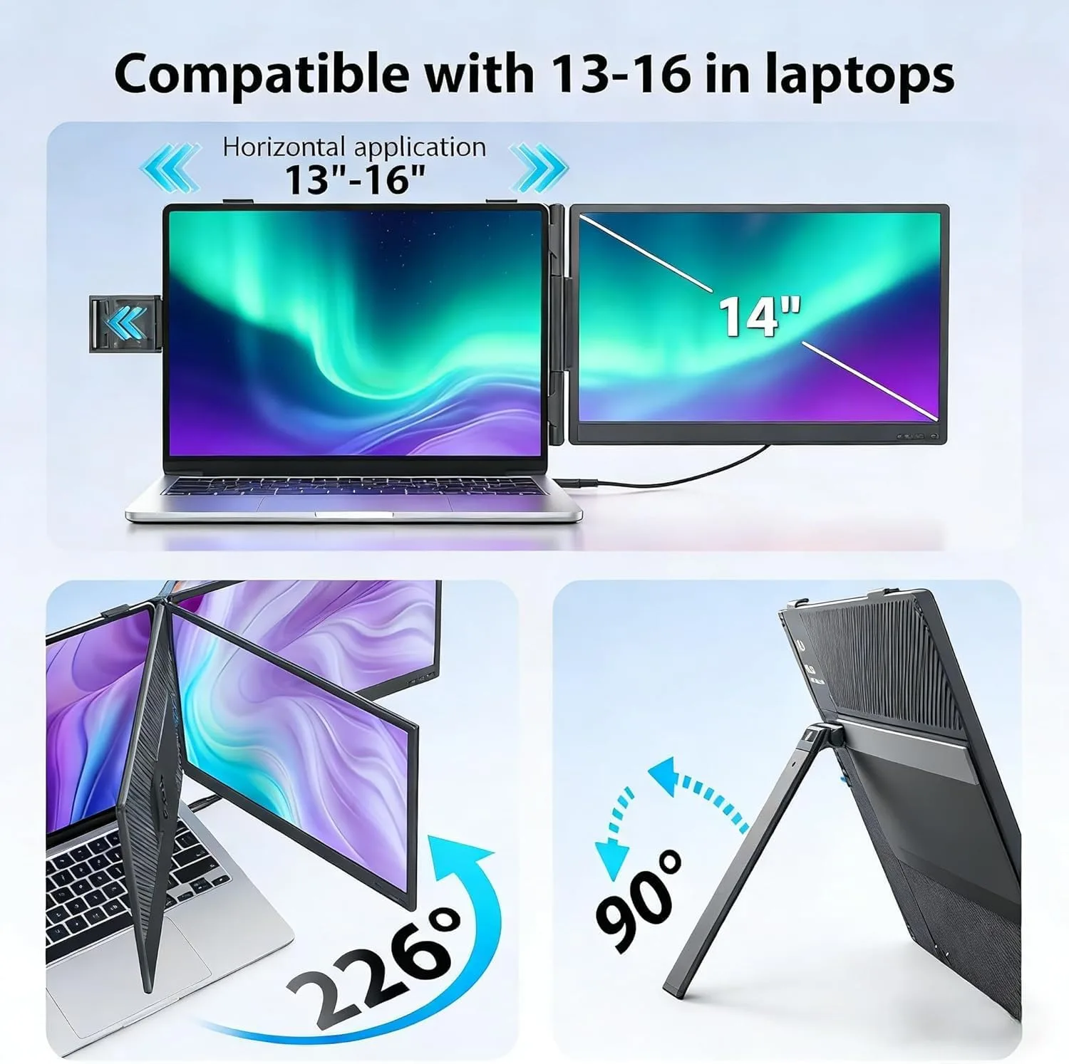 APILDELLA 14" Laptop Screen Extender, FHD 1080P IPS Travel Dual Monitor, 226° Rotation Portable Monitor for Laptops 13-16" with USB-C/HDMI Port, Plug-Play for Win/Mac/Chrome/Android