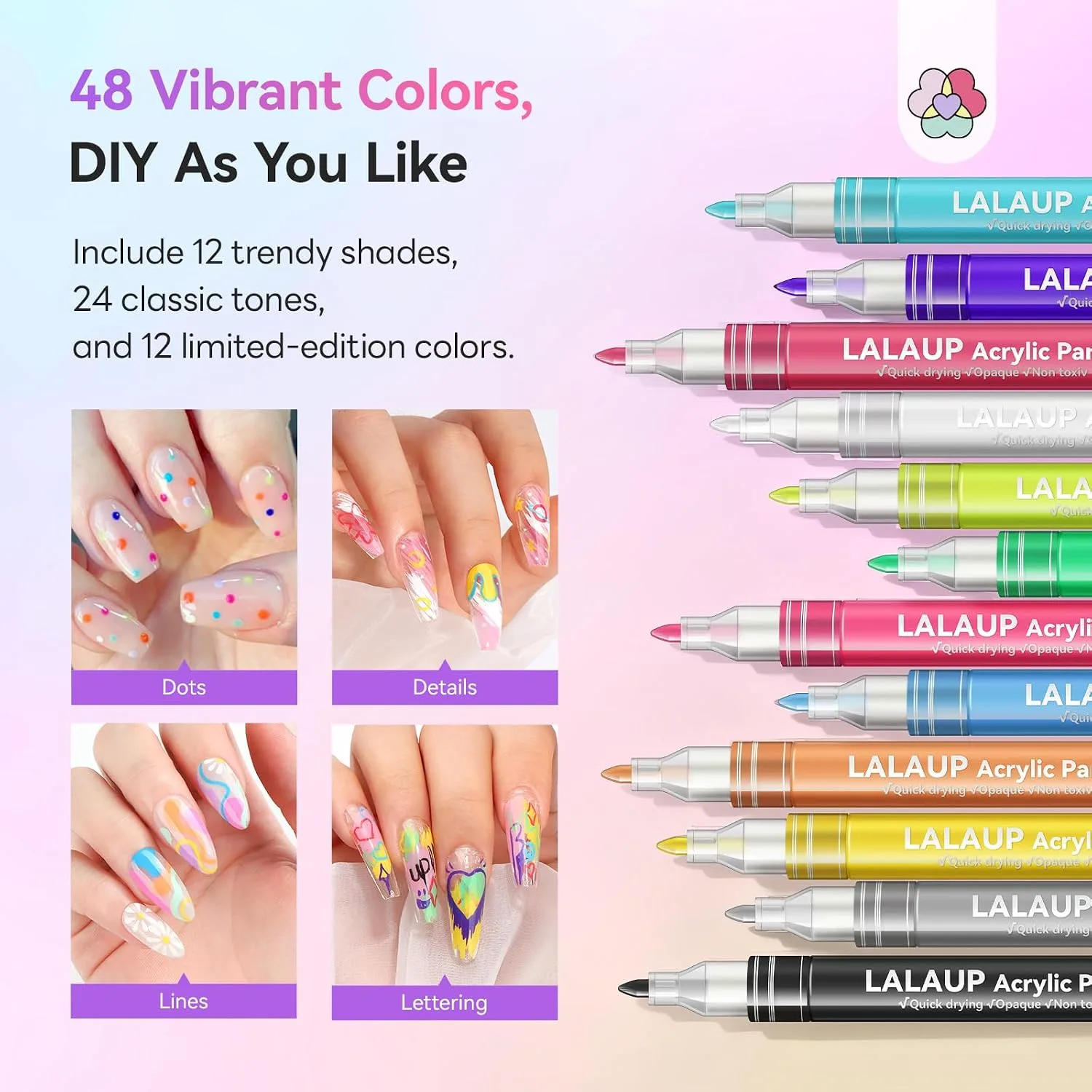 SAVILAND 48 Colors Nail Art Pens Set, 0.7mm Fine Tip Nail Polish Pens
