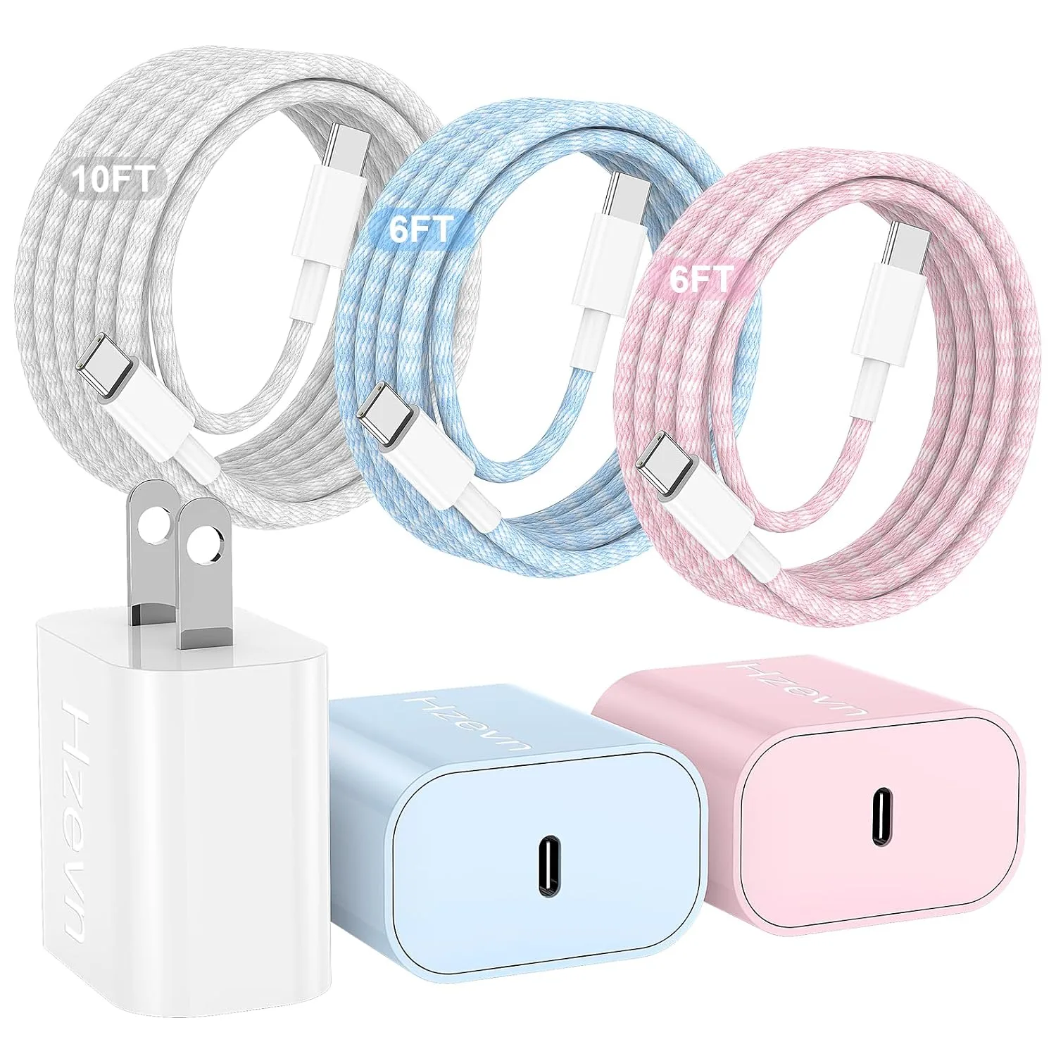 20W USB C Fast Charging for iPhone 17 Air/16/15 Pro Max,3Pack Colorful Mixed Charger Block with Braided Long USB C to C Cables (6/6/10ft) Compatible with iPhone16/15 Pro/15 Plus/iPad Pro