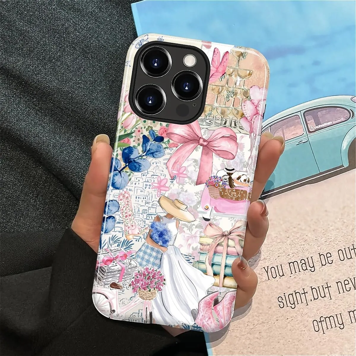 DAIZAG Case for iPhone 15 Pro Max,Mixed 2 Layer Design Shockproof Soft TPU Ddouble Protection Phone Case for iPhone 15 Pro Max-Magazine Books Flower Bow Collage