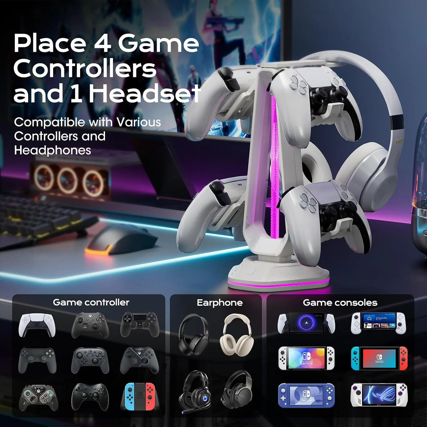 Saitake RGB Controller Stand with 9 Light Modes,Controller Holder with 2 USB Ports,Headphone Holder Suitable for All Headphones and Controller (White)