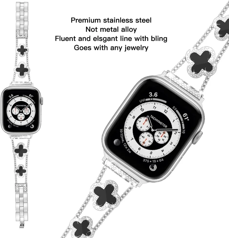 Musk-MSKR Diamond Metal Bands Add Sparkle to Your Watch For Apple Watch Series 12/11/10/9/8/7/6/5/4/3/2/SE/Ultra Clover Simple and Stylish Compatible with 38mm40mm41mm42mm44mm45mm 46mm49mm Women's Wear