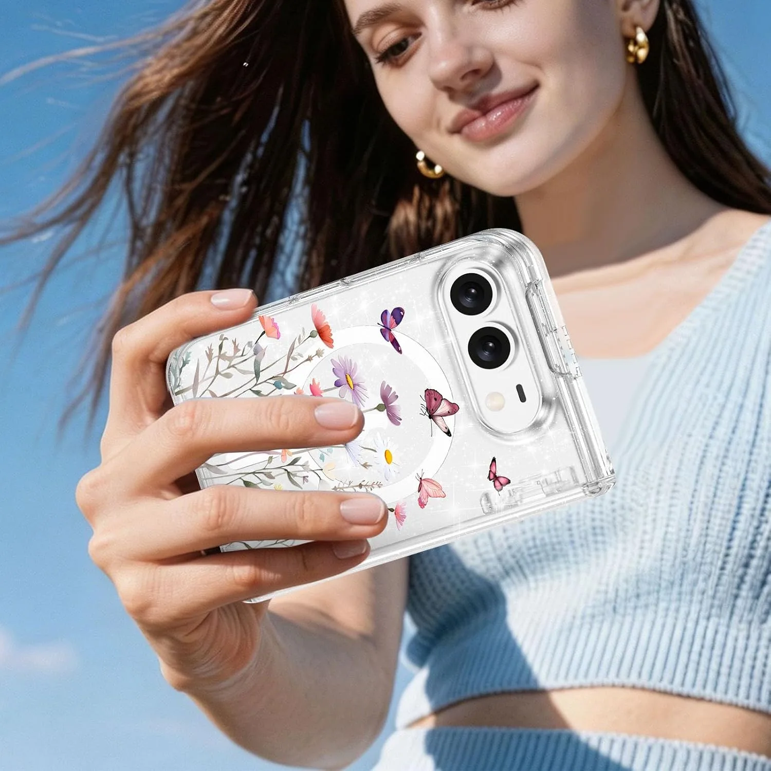 for iPhone Duo Case Clear Glitter Magnetic with Hinge Protection