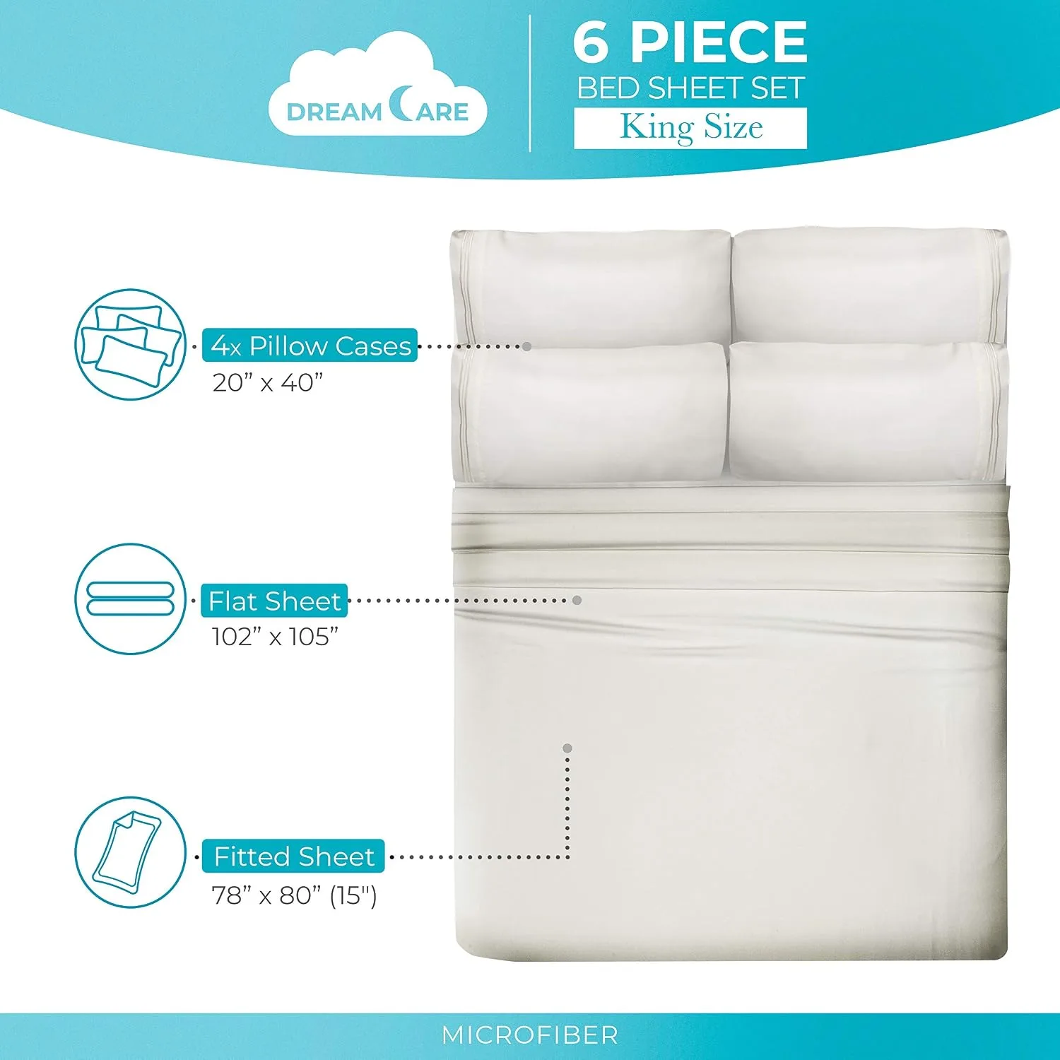 DREAMCARE King Size Sheets Set - 6 pcs Breathable Cooling Sheets King Size