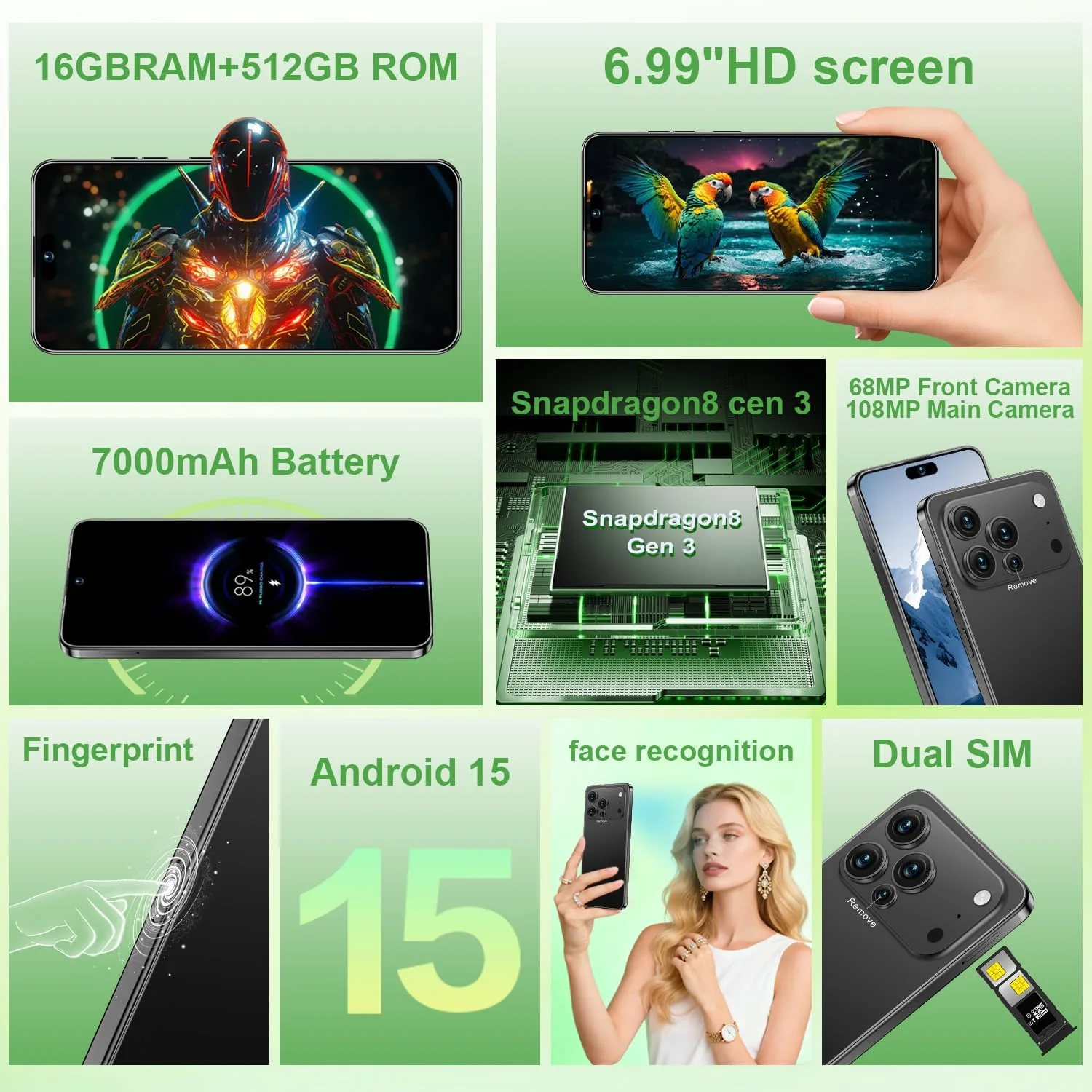 Huness 17 PM Smartphone Unlocked Cell Phone,6.99" HD Screen Unlocked Phone,16+512GB Android 15 Battery 7000mAh,Face ID/Dual SIM/5G/Fingerprint Button Unlock/Photos/GPS (Black)