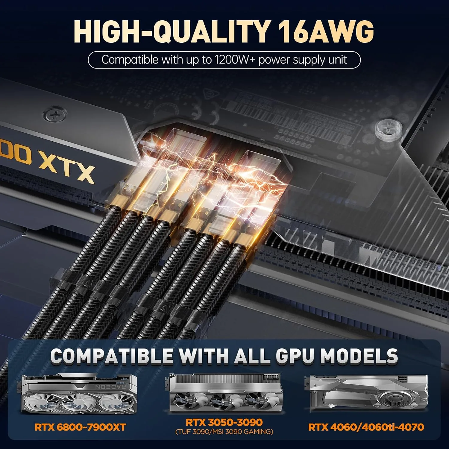 AsiaHorse 16AWG PSU Cable Extension Kit, Sleeved Custom Mod GPU PC Audio Video Power Supply Soft Braided Cables with Comb Kit, 24P/8P to 6+2P/ 8P to 4+4P 30CM