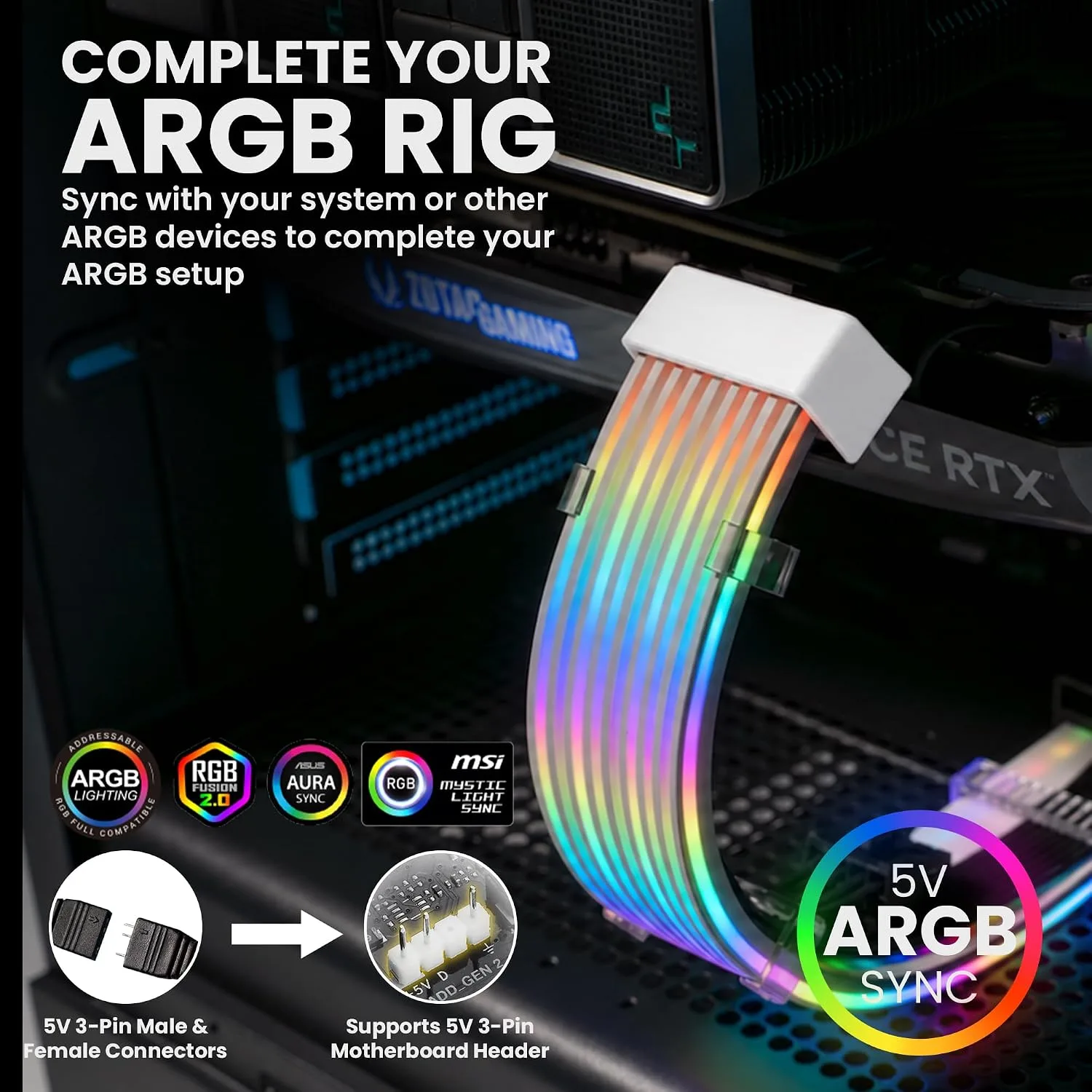 TECWARE Flex RGB Cable Cover Kit | Compatible with 2x8-Pin Motherboard with SATA Dongle | ARGB PSU Cable Extension with 5V 3-Pin Sync | RGB Lighting Kit for PC Cables | White