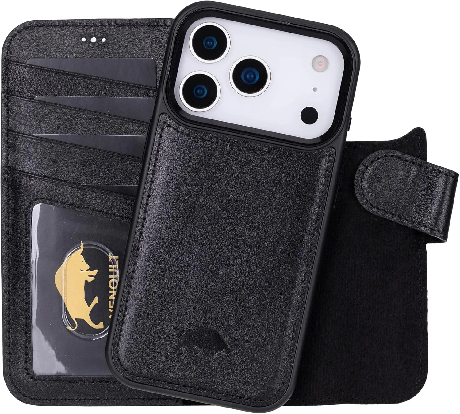 VENOULT Wallet Case for iPhone, Full Grain Genuine Turkish Leather, Magnetic Detachable, RFID 4 Card Slots, Business Style, Compatible with MagSafe (Rustic Black, iPhone 17 Pro MAX)