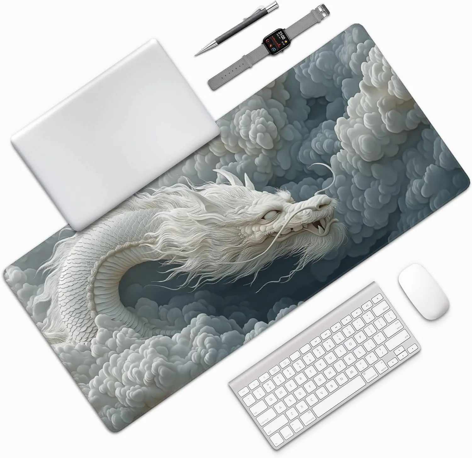 Large Chinese Dragon Mouse Pad, Non-Slip Natural Rubber Desk Mat with Stitched Edges, White and Gray, 35.4 x 15.7 Inches, Gaming