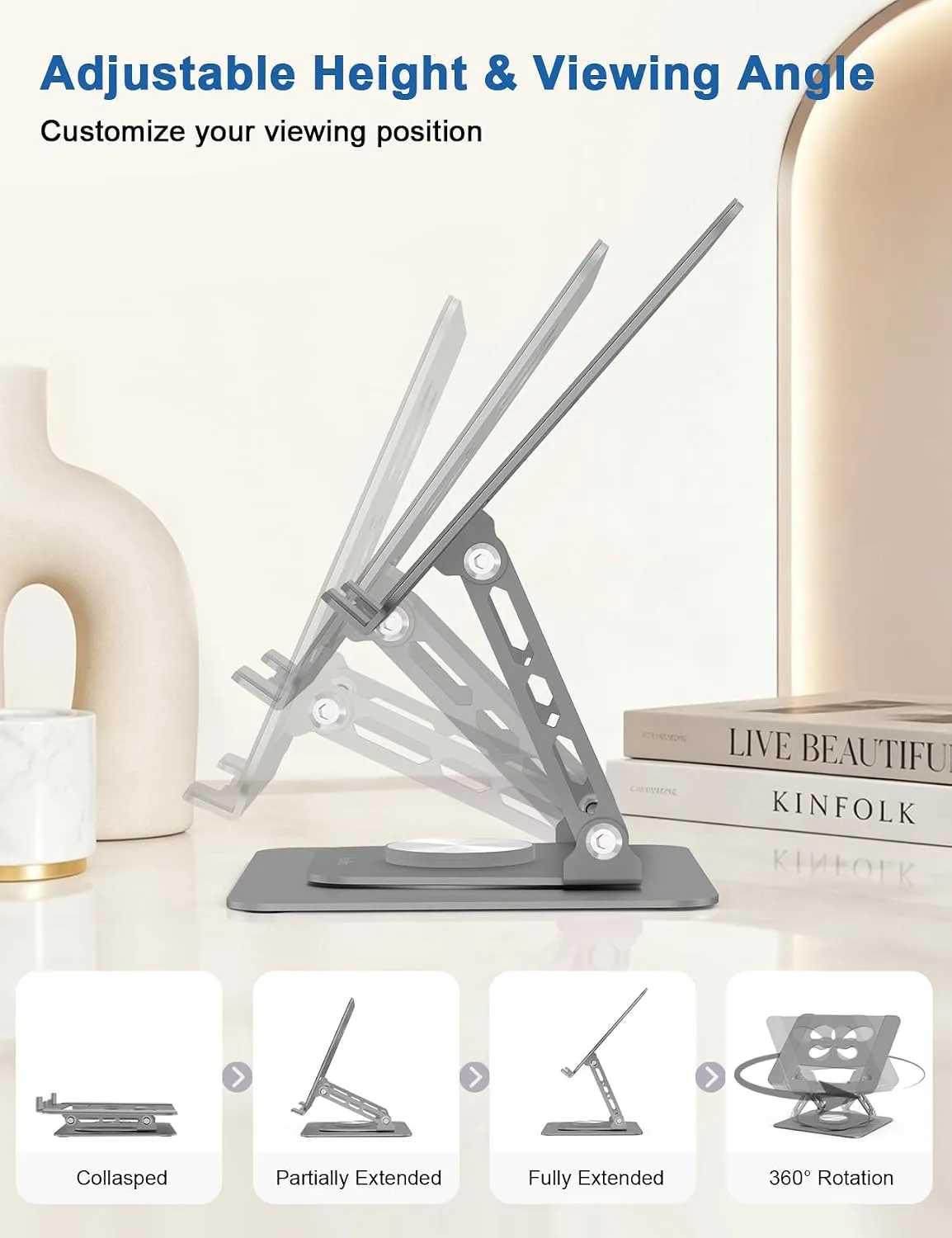 Aoviho Adjustable Laptop Stand for Desk - 360° Rotating Laptop Riser, Ergonomic Computer Stand Foldable Holder Compatible with MacBook Pro/Air, HP, Dell, Lenovo and Tablets Up to 16", Gray
