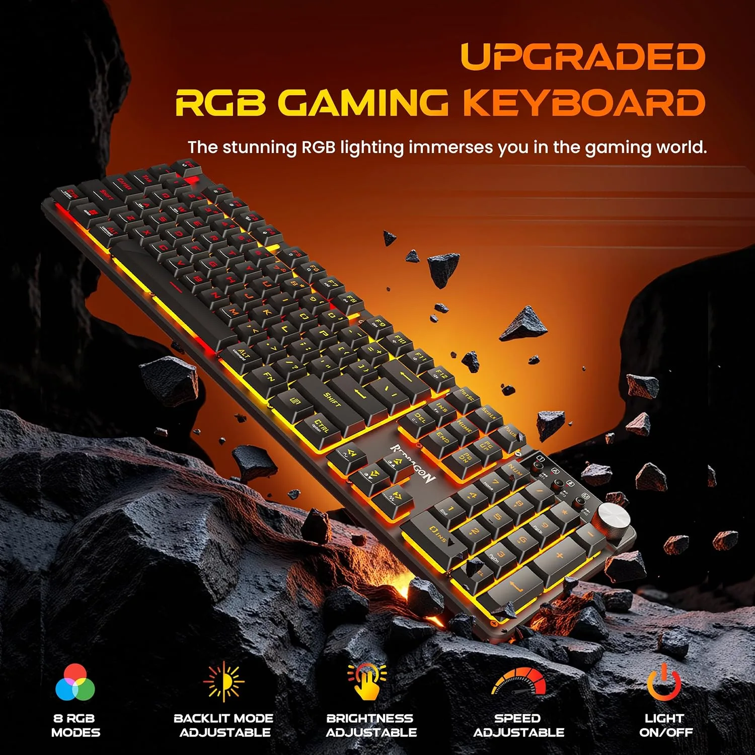 Redragon K521WL Wireless Gaming Keyboard with Knob, Tri-Mode BT/2.4G/USB-C RGB Mechanical Feeling Keyboard with Multimedia Keys, 4000mAh Battery, Anti-Ghosting, Compatible with PC - Upgrade