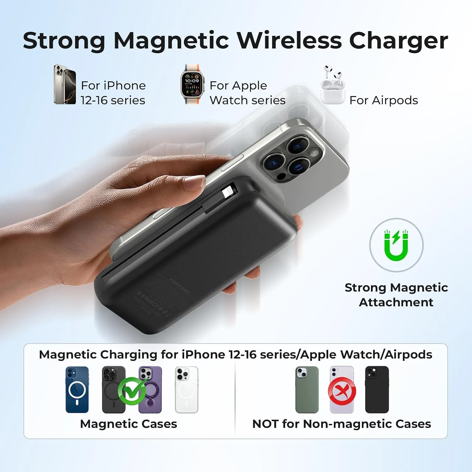 SHENMZ Magnetic Portable Charger 26800mAh for iPhone 18/17/16/15/14/13/12 with Built-in Cables， iWatch Charger，Wireless Power Bank for Apple Watch and for airpods,Galaxy, Android Phones(Black)