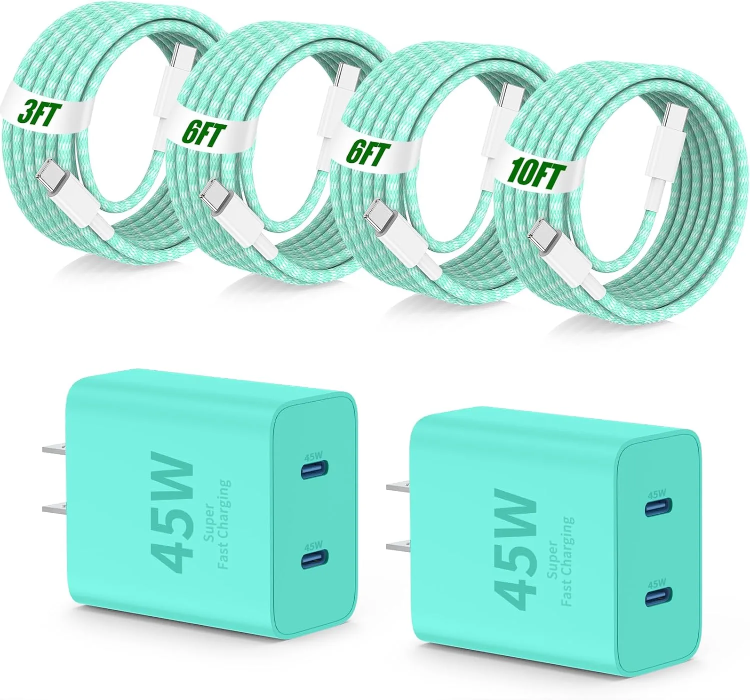 45W Super Fast Charger Type C for Samsung Galaxy S20 Ultra to S25 Ultra,Dual Port PD Quick Charging 3.0 USB C Block & 3/6/10/10FT Braided Type C Cord for Samsung S22+ to S26+/iPhone 16 Pro Max-Green