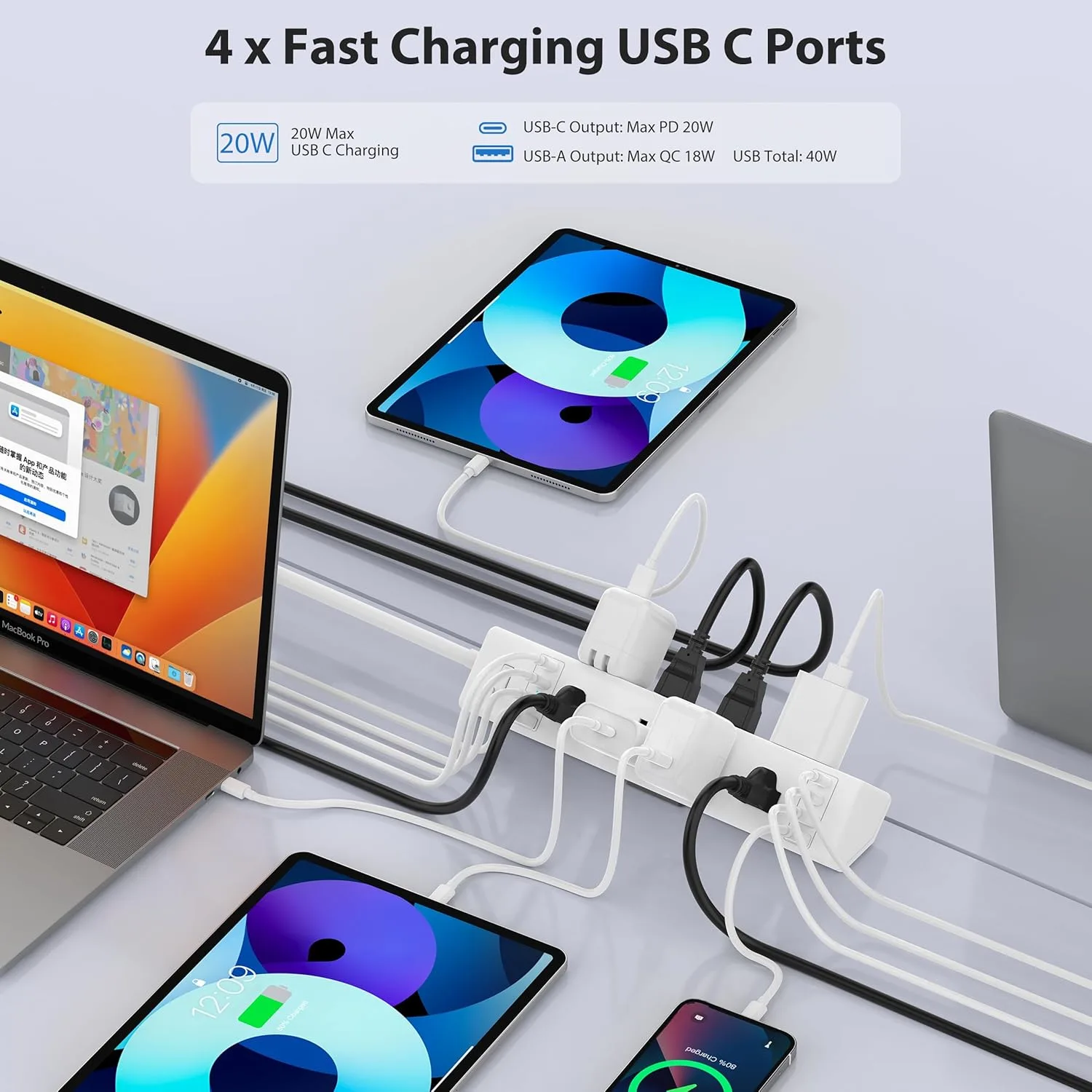 Jgstkcity Desk Clamp Power Strip 40W USB C,8 Outlets,8 USB,6FT,White
