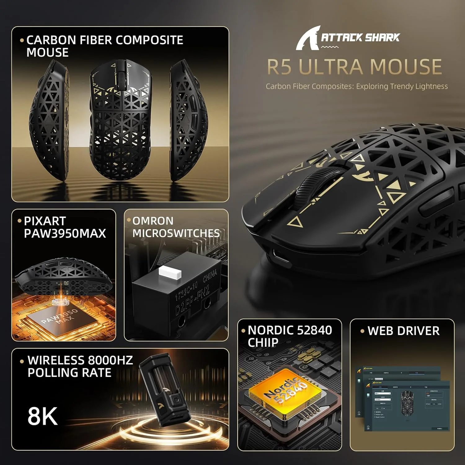 ATTACK SHARK R5Ultra 8K Carbon Fiber Wireless Gaming Mouse, Black
