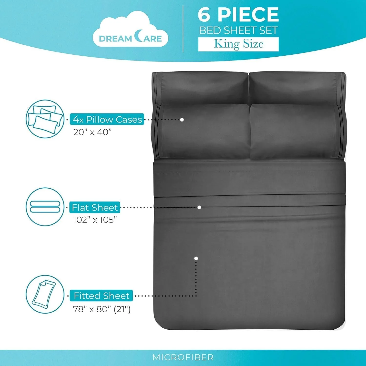 DREAMCARE King Size Sheets Set - 6 pcs Breathable Cooling Sheets King Size