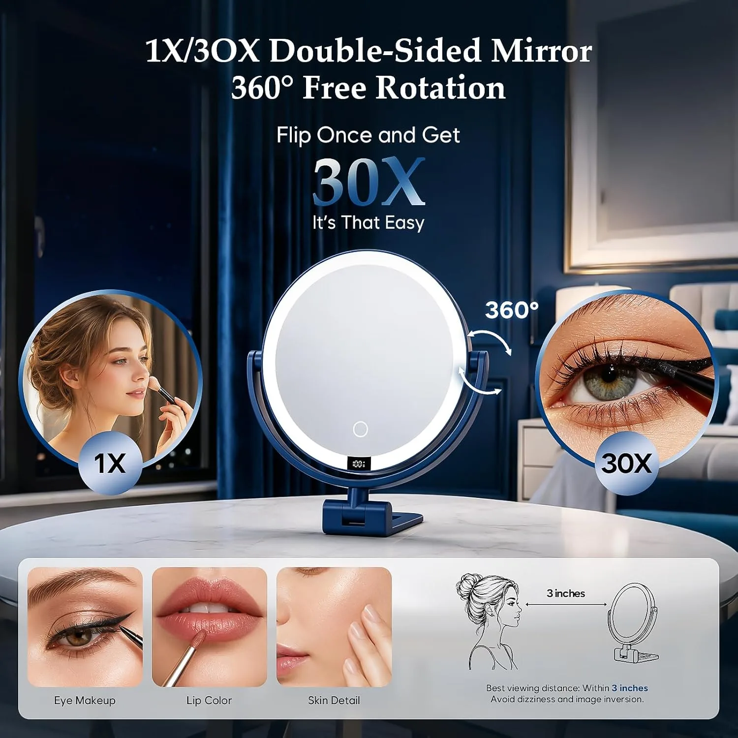 1X/30X Makeup Mirror with Lights, Magnifying Mirror (Blue)