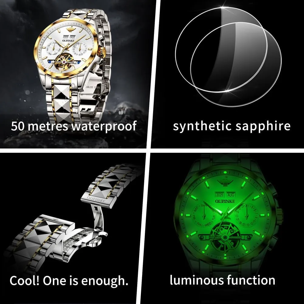 OLEVS Skeleton Men Watches Automatic Business Luxury Diamond Self Winding Watch for Men Stainless Steel Calendar Wrist Watch