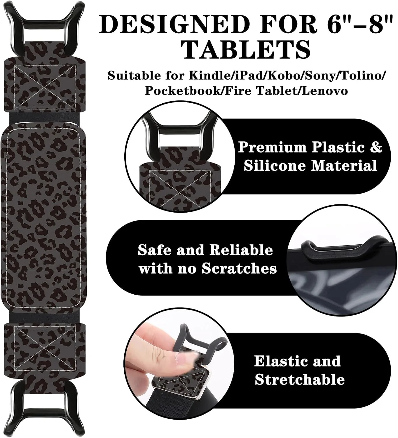 Hand Strap Accessories for Kindle - Black Leopard Print Finger Grip for 6-8" Paperwhite 11th/12th Generation/Kobo/Sony Ereaders E-Book Tablet Versatile High Elasticity Holder for Reading