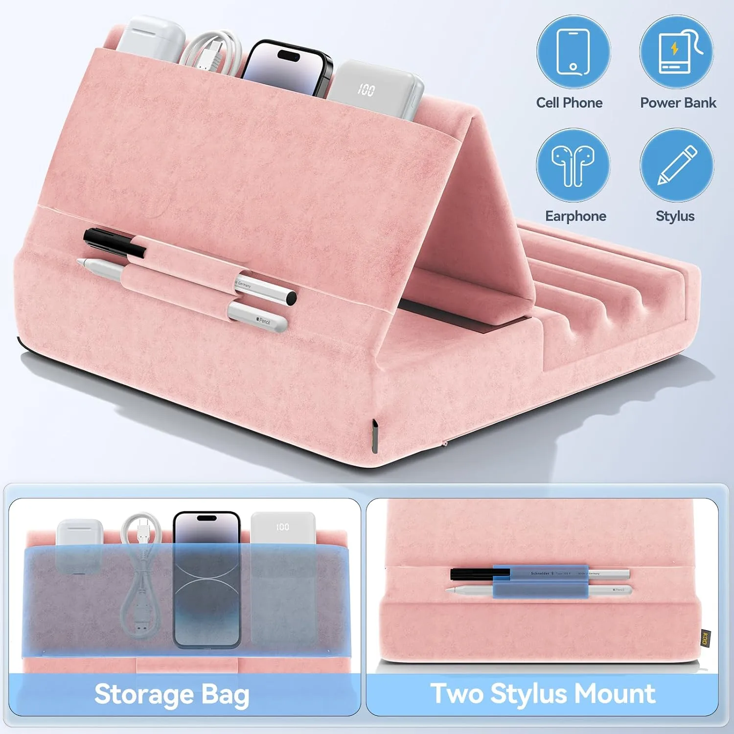 KDD Tablet Pillow Holder, Foldable iPad Stand for Lap, Bed and Desk -Tablet Soft Pad Dock with Pocket & Stylus Mount Compatible with iPad Pro 12.9, 10.5, 9.7 Air Mini 6 5 4 3, Galaxy Tab, E-Reader
