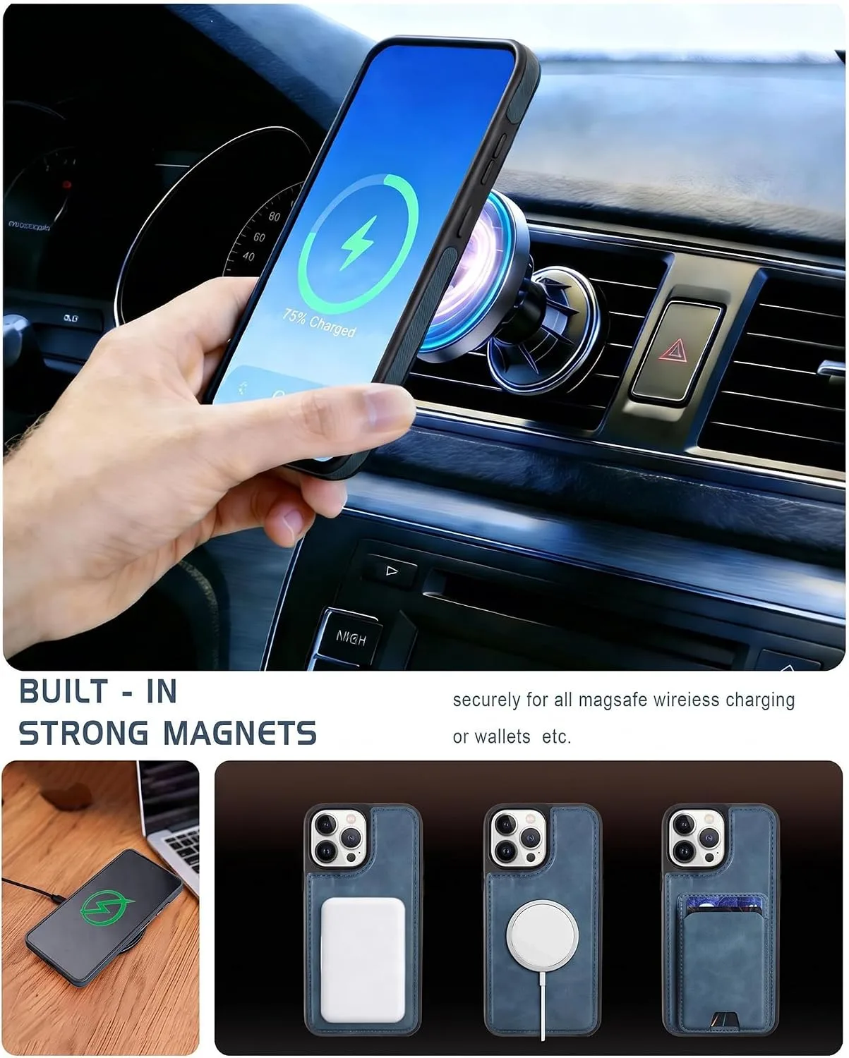 Magnetic Detachable Wallet Case for iPhone 14 Pro Max with Kickstand,2-in-1 MagSafe Compatible RFID Blocking Card Holder,Slim PU Leather Cover Blue