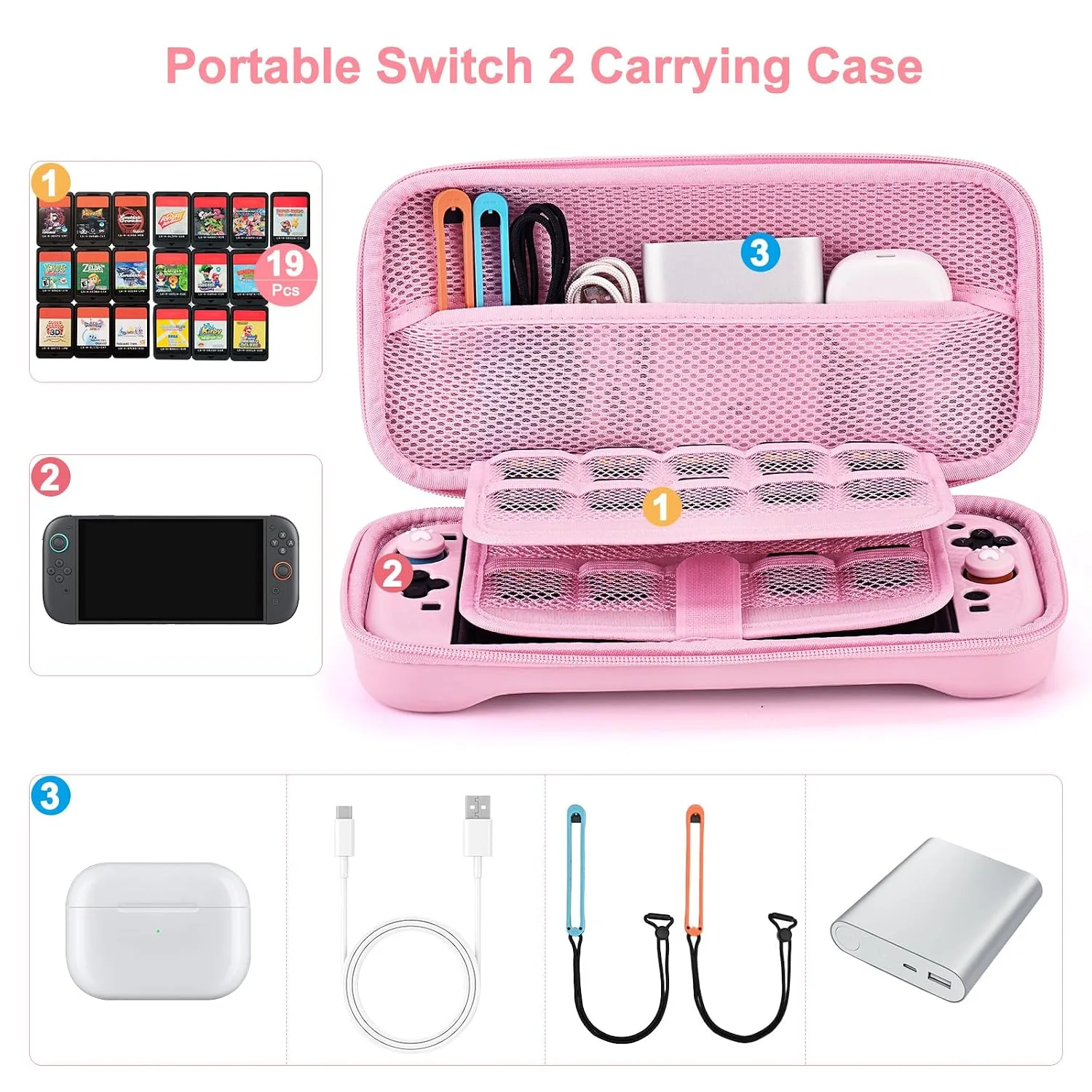 Younik Switch 2 Accessories Bundle, 15 in 1 Pink Switch 2 Accessories Kit for Girls Include Carrying Case, Shoulder Strap, Wrist Strap & Stickers, Protective Case for Switch Console & J-Con
