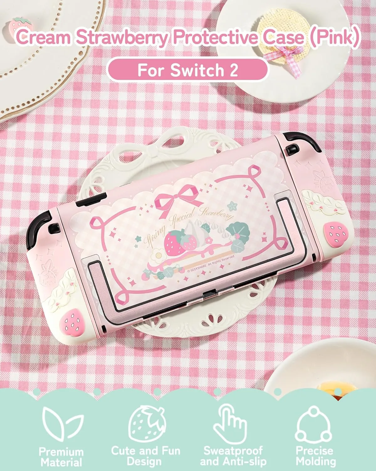 GeekShare Strawberries with Cream Case Compatible with Switch 2, Slim Separable Soft Silicone Protective Shell with 2 Thumb Grip Caps -- Pink