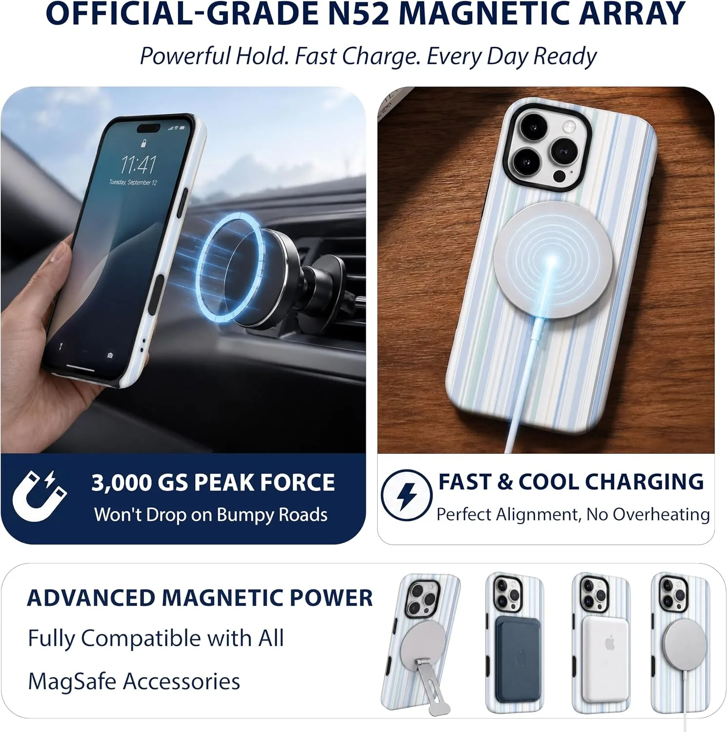 Magnetic for iPhone 16 Pro Max Phone Case, Pastel Blue Striped