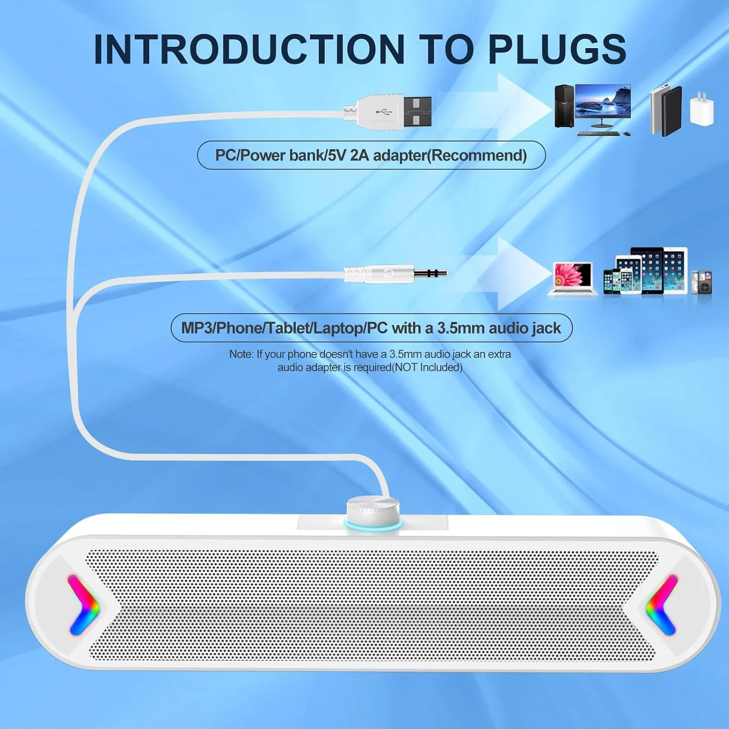 LENRUE Computer Speakers,PC Speakers for Desktop,Wired USB-Powered Sound-bar for Computer with 10W Stereo Sound and Colorful Light,Plug-n-Play (White-AUX)