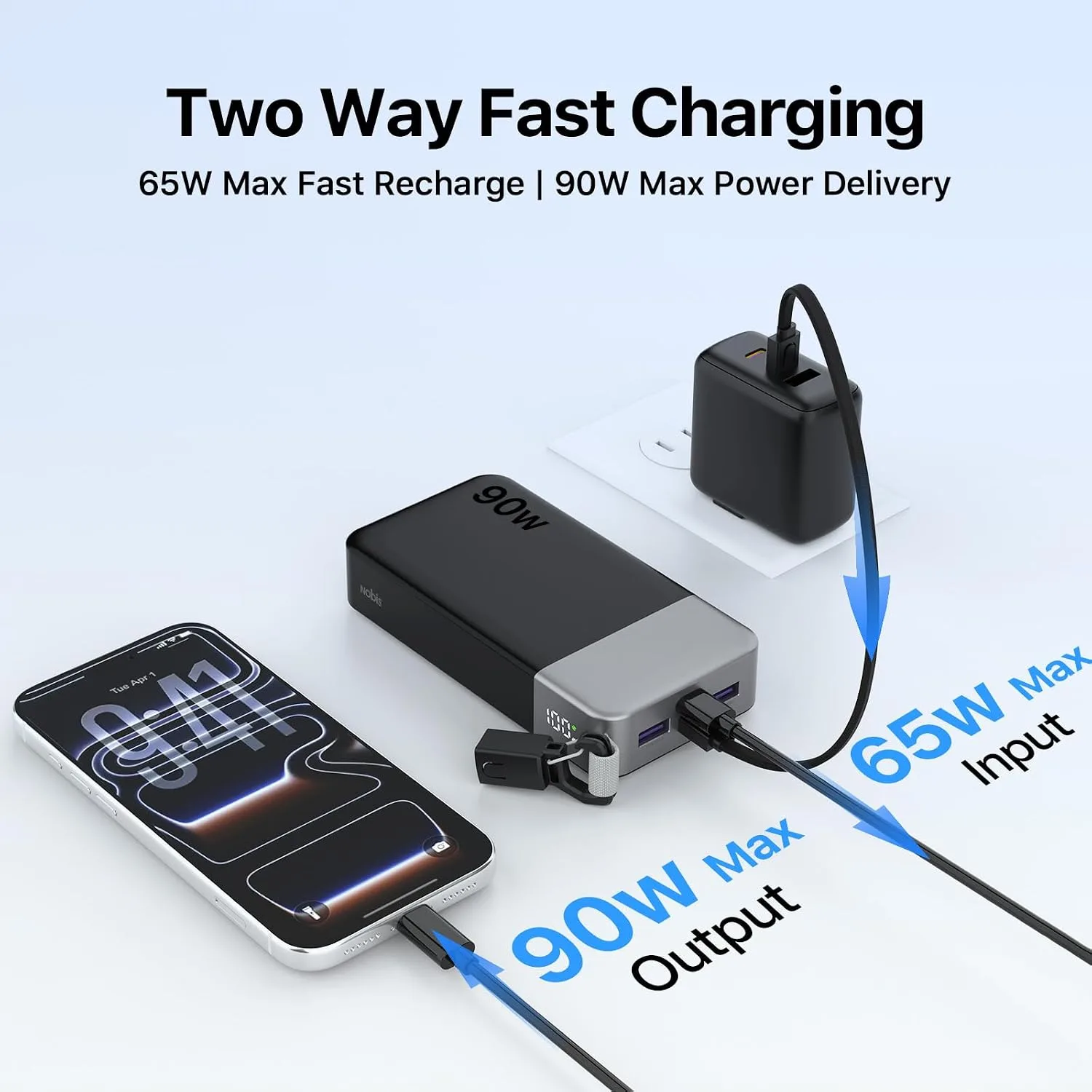 NOBIS Portable Charger 20000mAh 90W Power Bank w/Detachable Cable