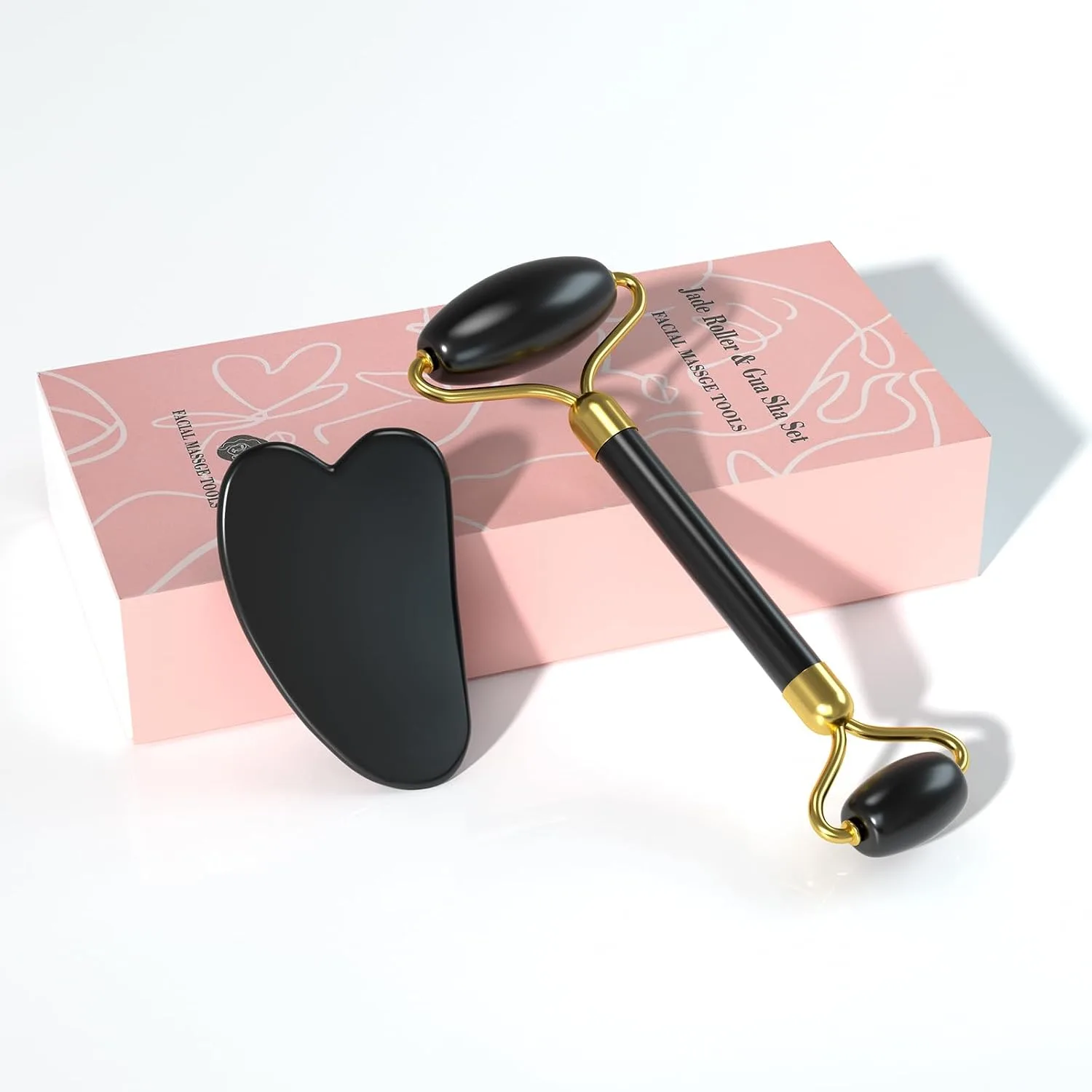 Gua Sha & Jade Roller Set for Face and Body, Facial Massage Tool, Polished Jade Self-Care Spa Gift