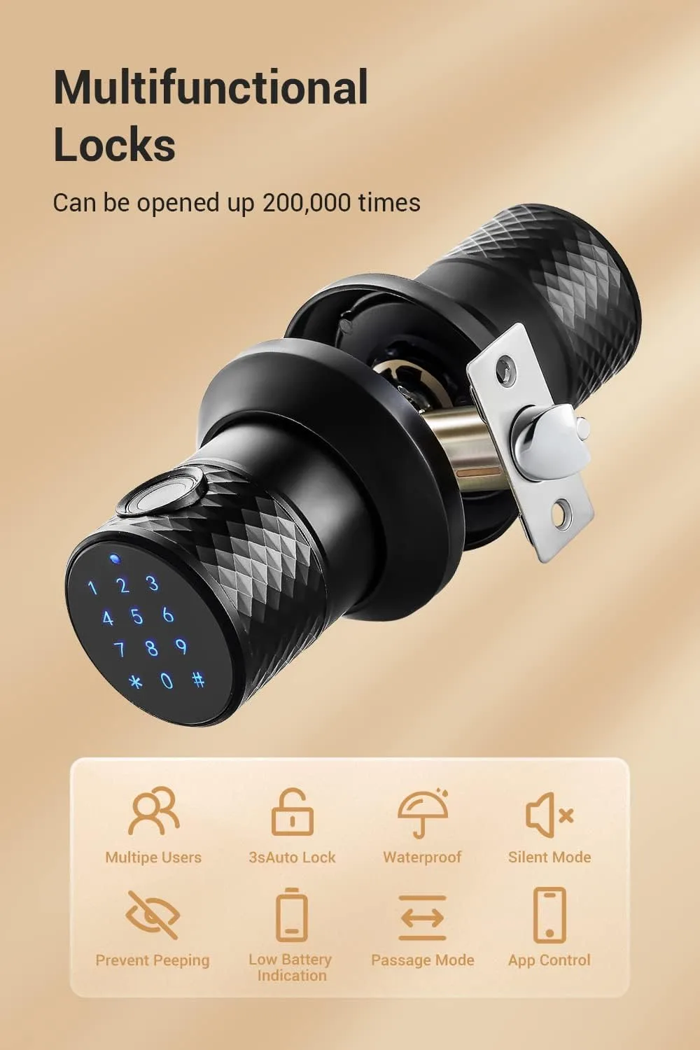 Buoan 4-in-1 Smart Fingerprint Door Knob with Keypad, Black