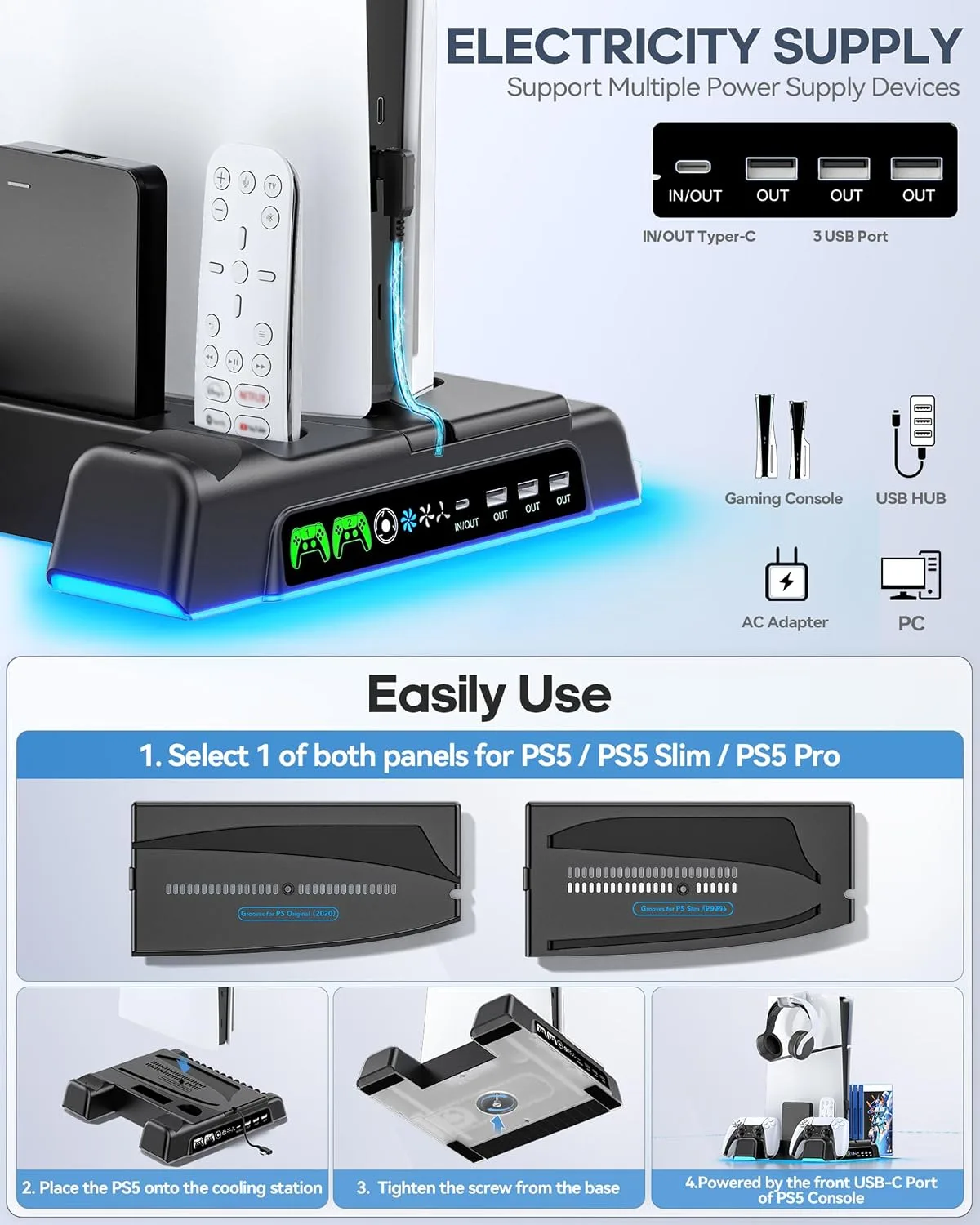 PS5/Slim/Pro Stand and Cooling Station with LED Controller Charging Station for PlayStation 5 Console, Controller Charger, Cooling Stand, PS5/Slim/Pro Accessories Kit with 3 Level Cooling Fan - Black