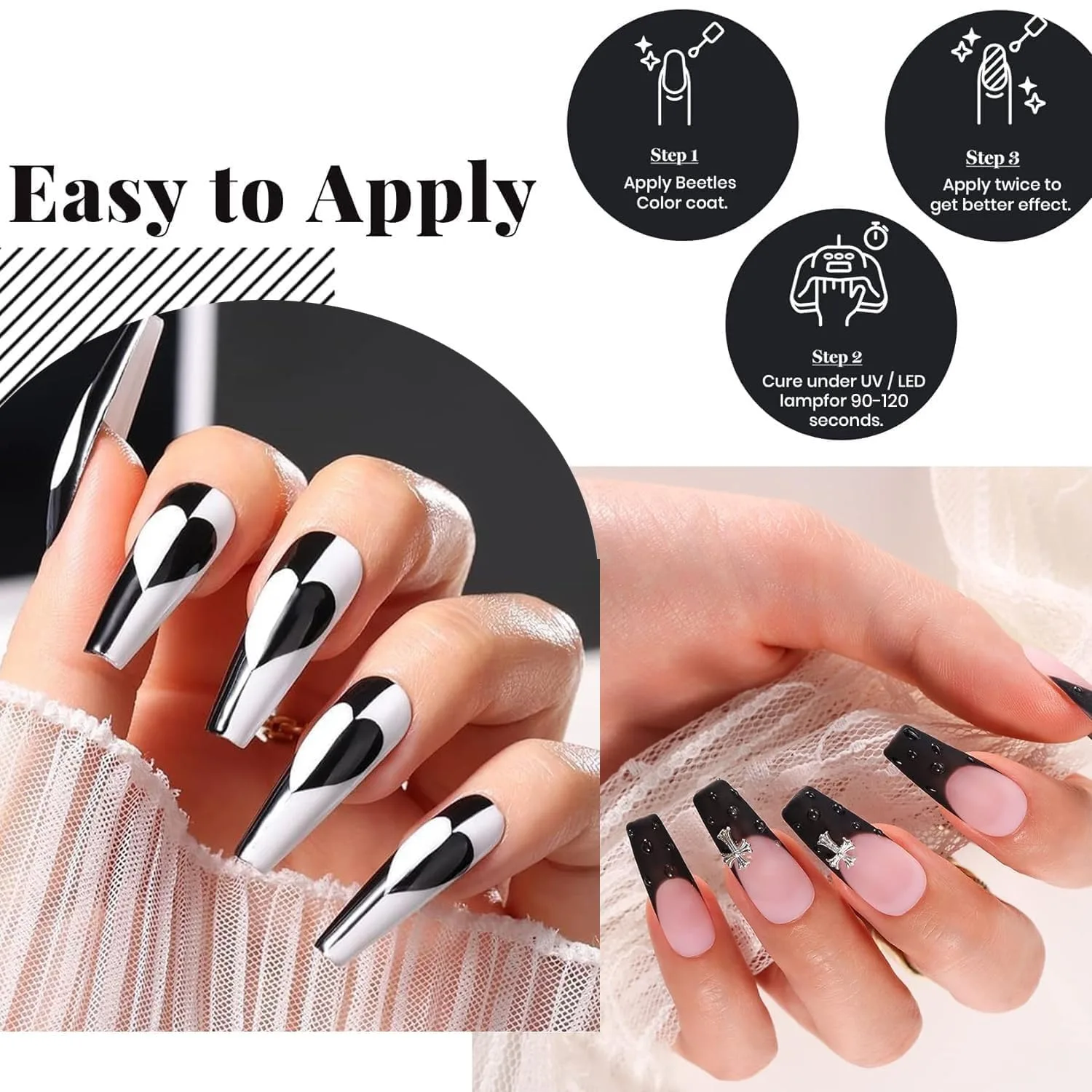Beetles No Wipe Gel Top Coat Base Coat & Black Gel Nail Polish 3Pcs 15ml