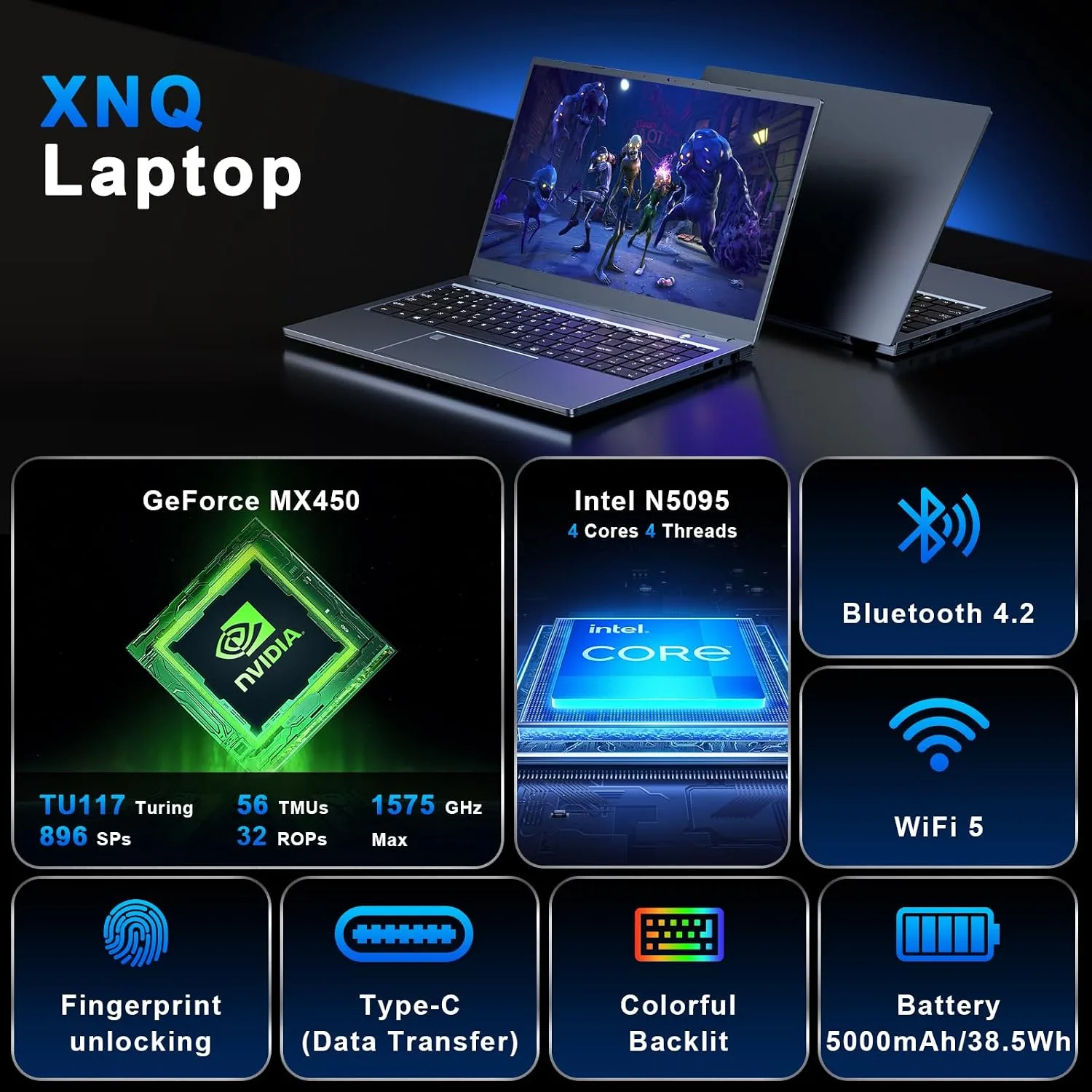 Gaming Laptop, Laptop Computer 2026, 15.6 Inch Lap Top, 16GB DDR4, 1TB SSD, MX450 TU117 GPU, N-series 4C/4T Processor, Win 11 pro, Colorful Backlit, 1080 FHD, HDMI, Wifi5, Metal Shell, Fingerprint