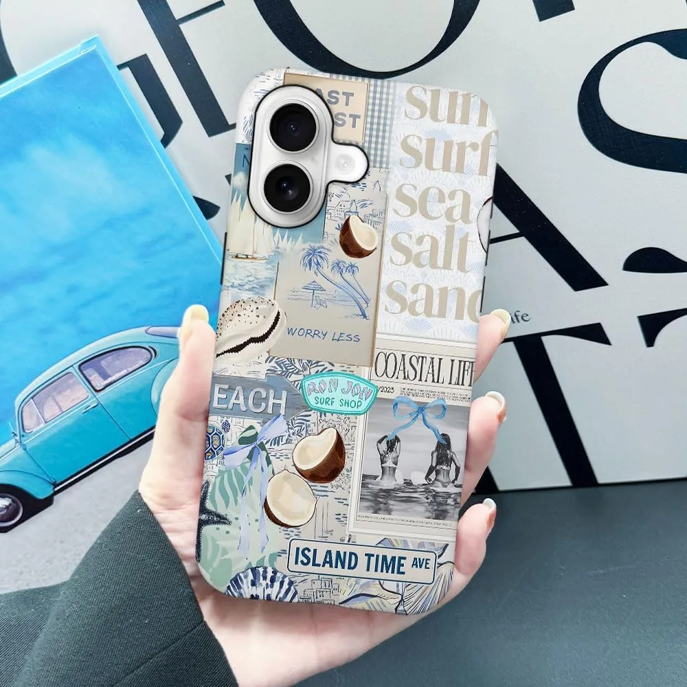 Case Compatible with iPhone 17,Fall Prevention Hybrid 2-Layer Hard Shell Phone Cover for Girls Boys,Beach Coast Collage