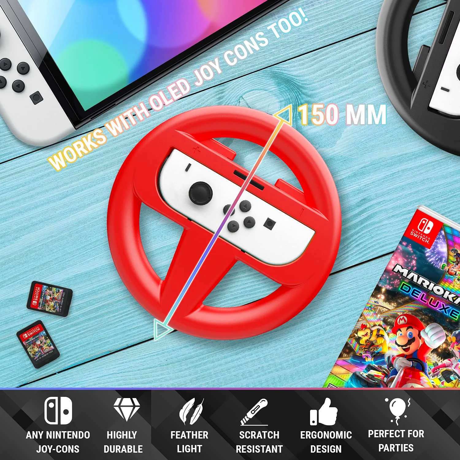 Orzly Steering Wheels Compatible with Nintendo Switch 2 (2025 Console) Twin Pack Racing Wheel Accessories for Joy Con Controllers and MarioKart Racing Games (1 Red 1 Blue) Gift Boxed