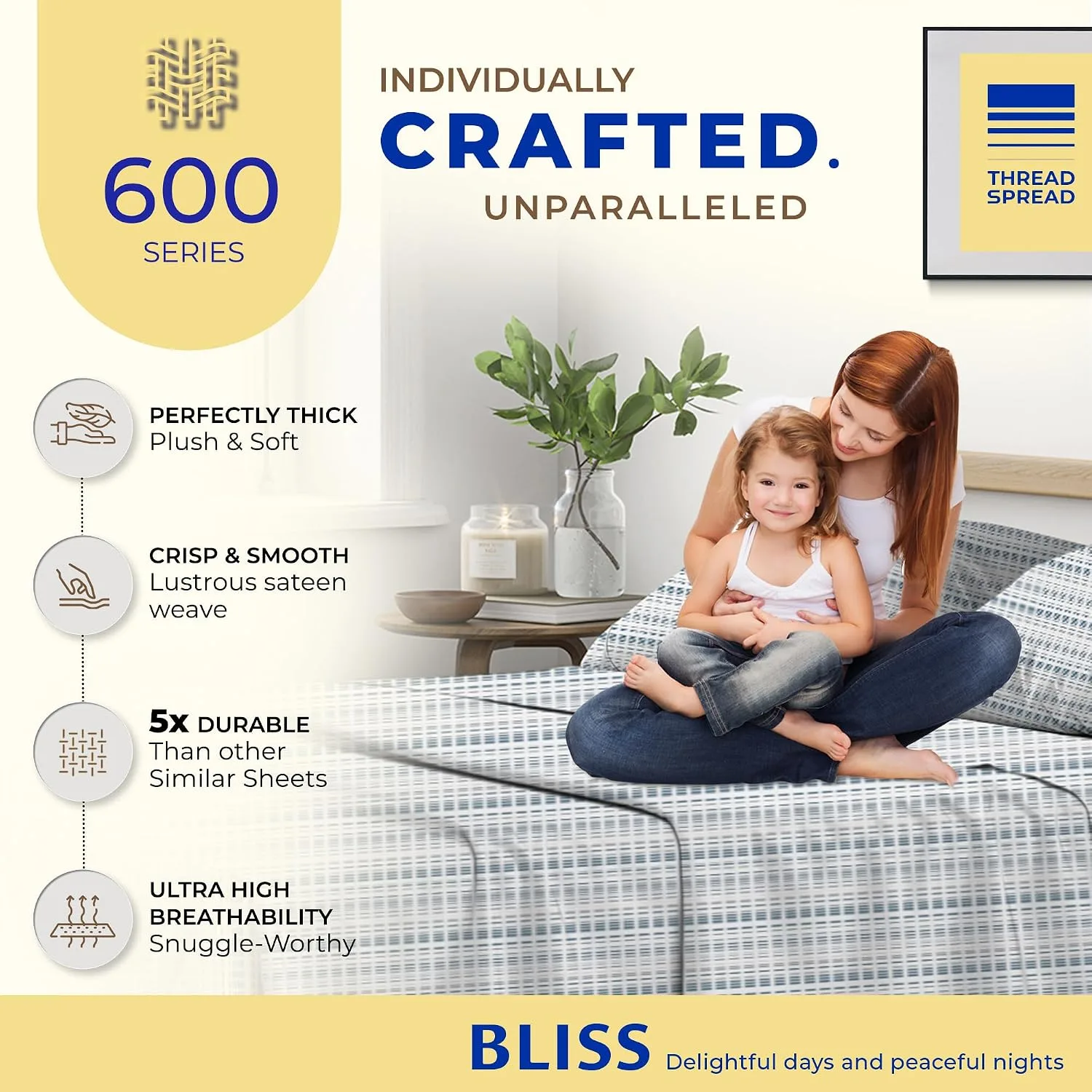 THREAD SPREAD Egyptian Cotton Sheets King Size - Luxury 600 Series King Size Sheets Set (4 PC, Dotted Stripe), 16" Deep Pocket All Around Elastic, Soft, Cooling, Sateen, Durable Hotel Bed Sheet Sets