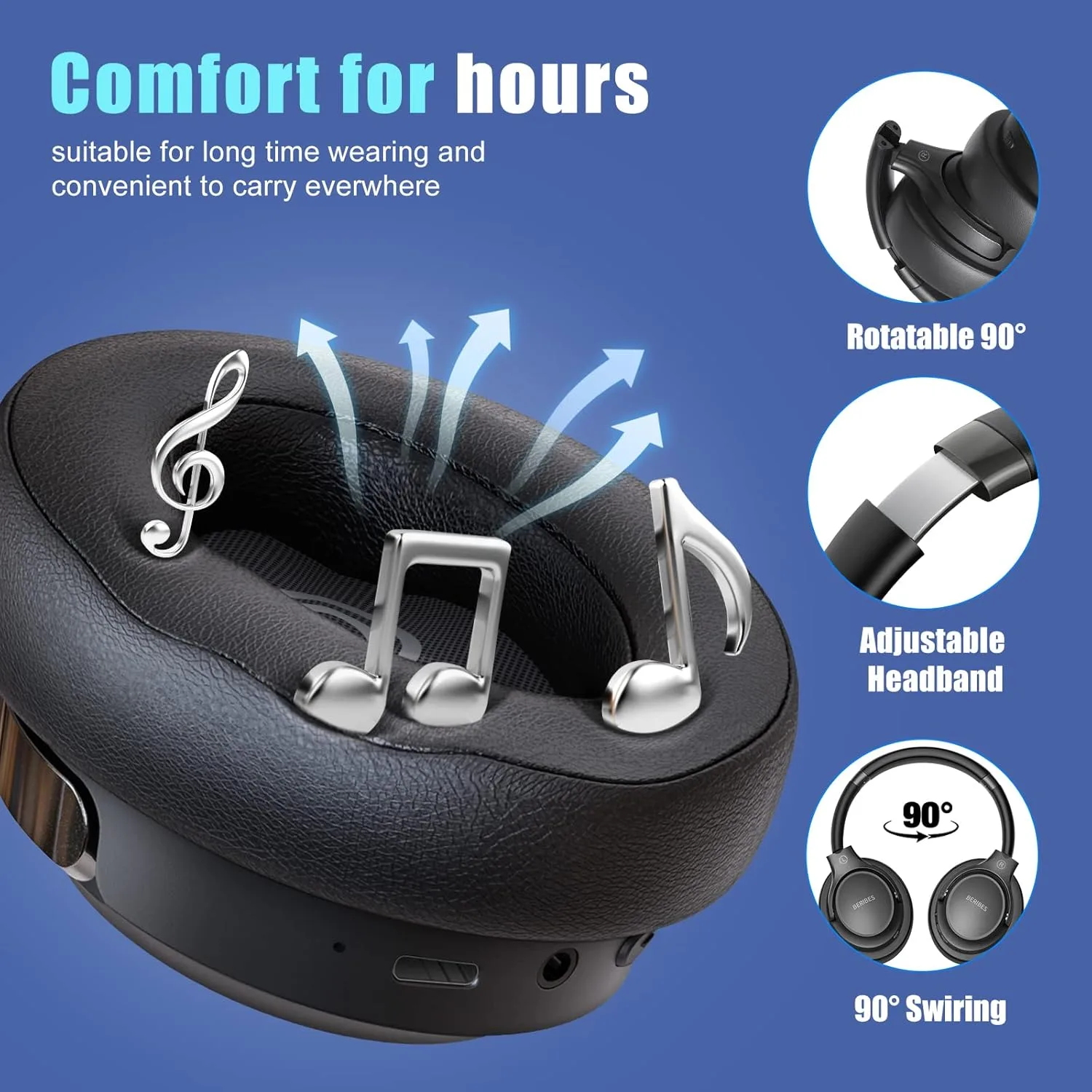 BERIBES Bluetooth Headphones Over Ear Wireless HiFi Stereo Headsets 65H 6EQ