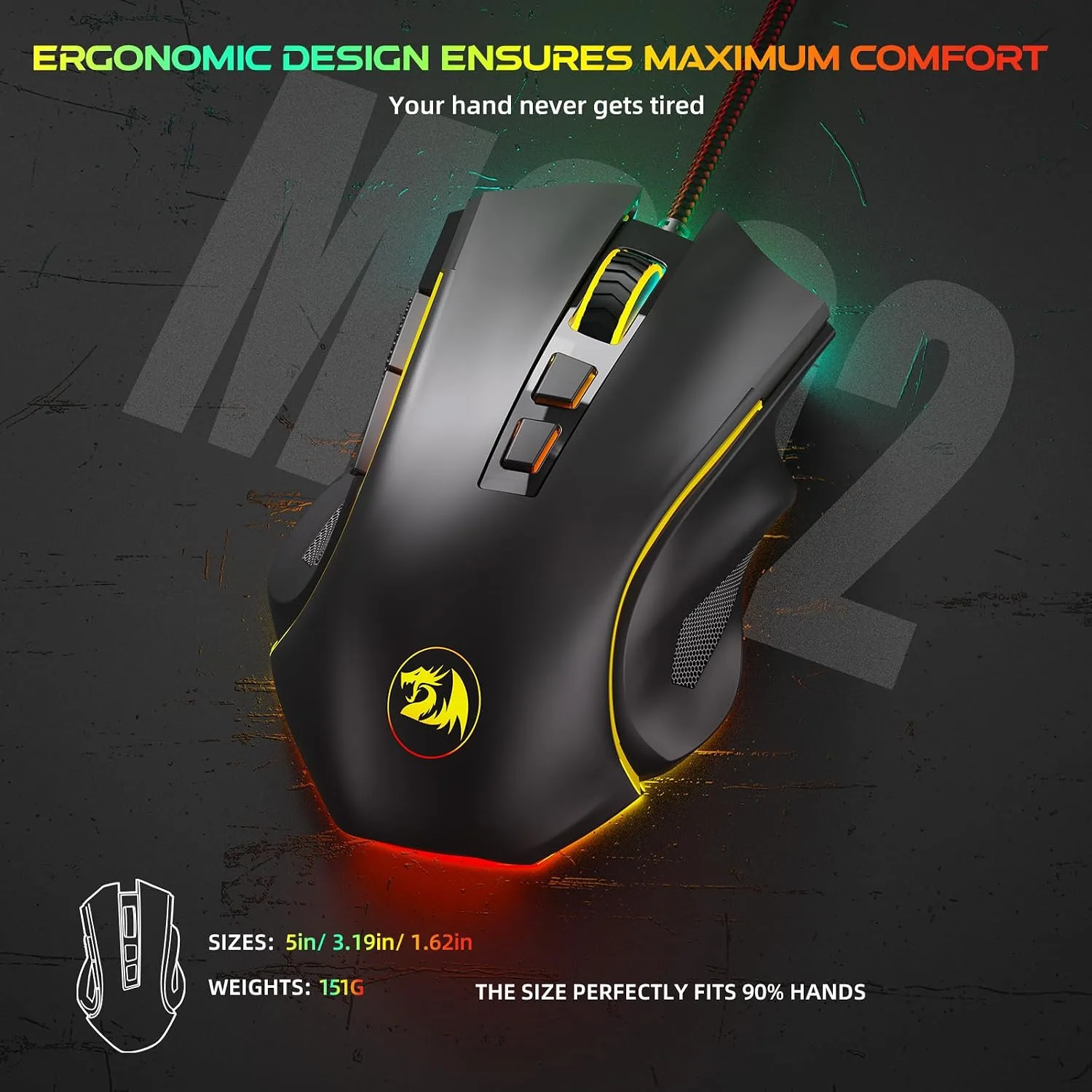 Redragon M602 Gaming Mouse, Ergonomic RGB Gaming Mouse Wired with 7200 Adjustable DPI, 9 Programmable Buttons, Professional Software for Gamer Office [Black]