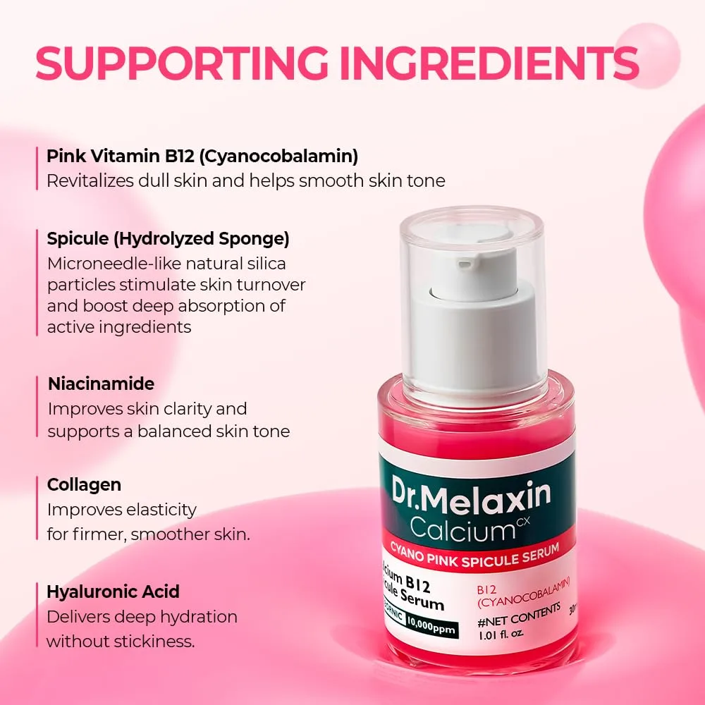 Dr.Melaxin Cyano Pink Spicule Serum with Vitamin B12, Liquid Microneedle Facial Treatment for Enlarged Pores, Niacinamide for Texture Refining & Renewal, 1.01 fl.oz
