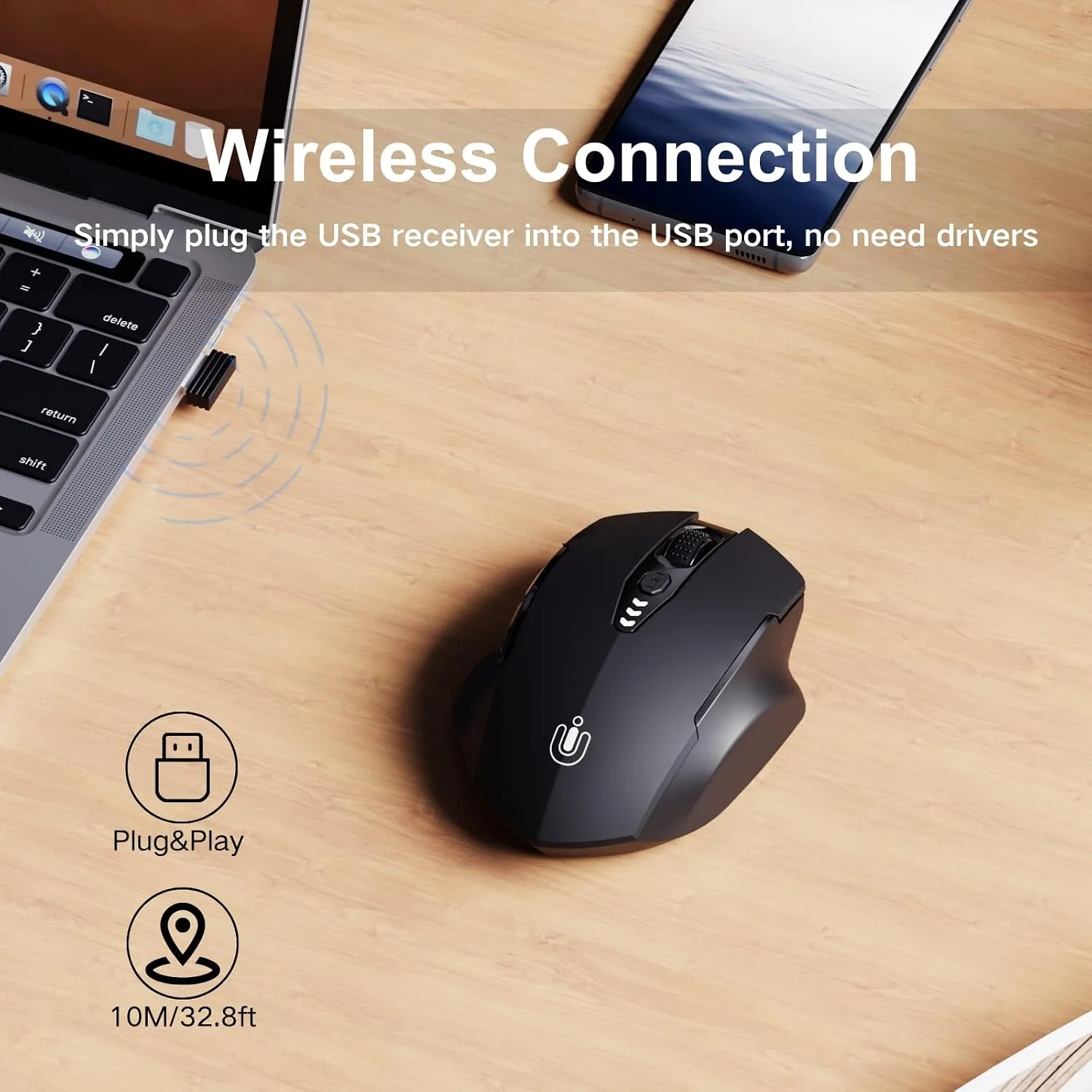 Uineer Wireless Mouse, 2.4GHz Rechargeable Computer Mouse, Battery Display