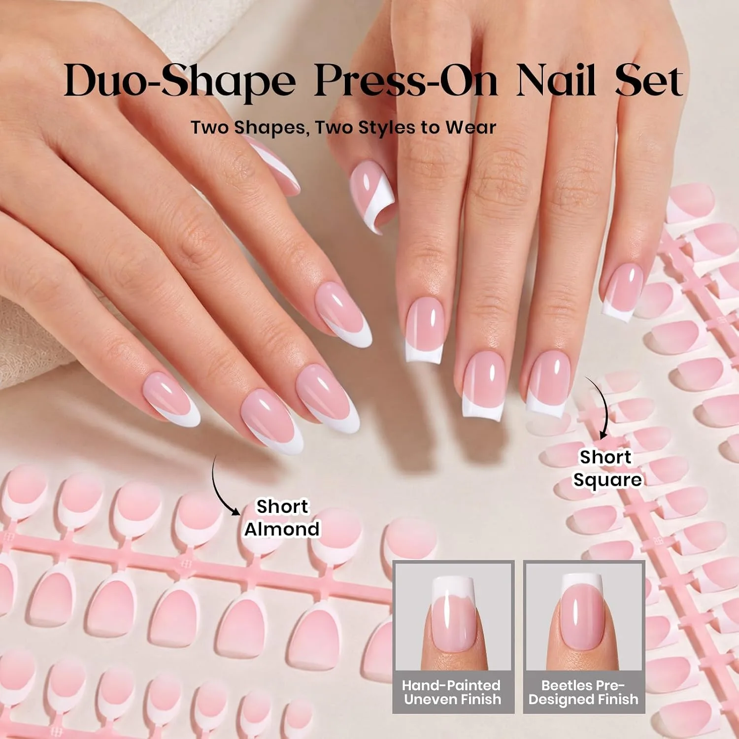 Beetles French Press On Nail Tips, Short Almond and Square, 124Pcs