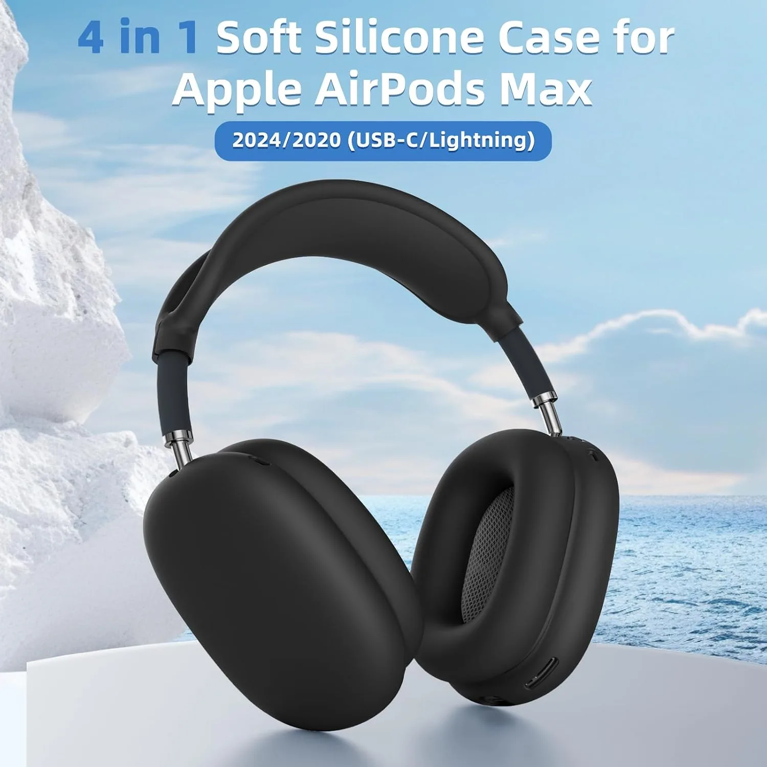 4 in 1 Silicone Case Cover for AirPods Max 2/ AirPods Max Headphones, Black