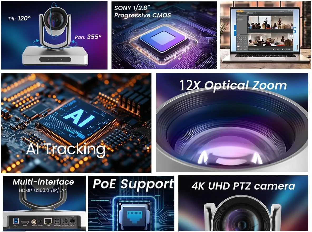 4K HDMI PTZ Camera NDI with 12X, SDI AI AUTO Tracking PTZ Camera with IP Live Streaming for Church Worship Live Events, PoE Support(AV4KN Silver)