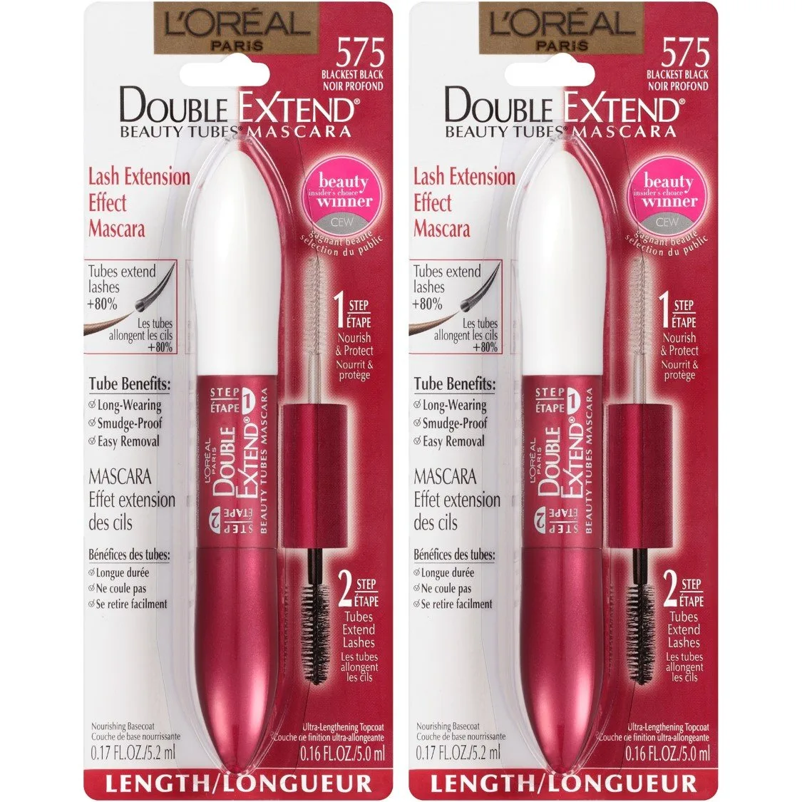 L'Oreal Paris Makeup Double Extend Tubing Mascara, Lengthening 2 Step Mascara, Smudgeproof, Blackest Black, Pack of 2