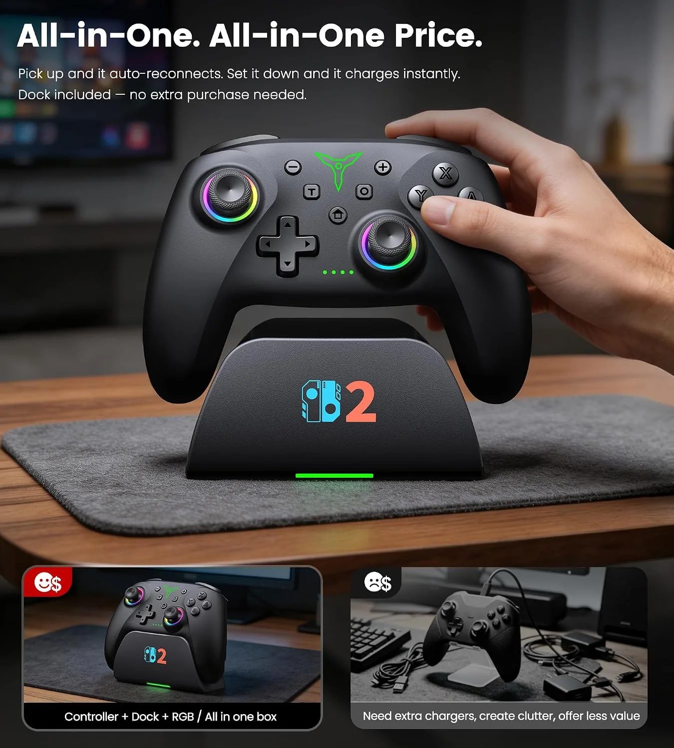 Spican Switch 2 Controller for Nintendo Switch 2/Switch/OLED/Lite, Wireless Switch Controller with Charging Dock, RGB Switch Pro Controller with Hall Effect, Macro, Turbo and Vibration, Black