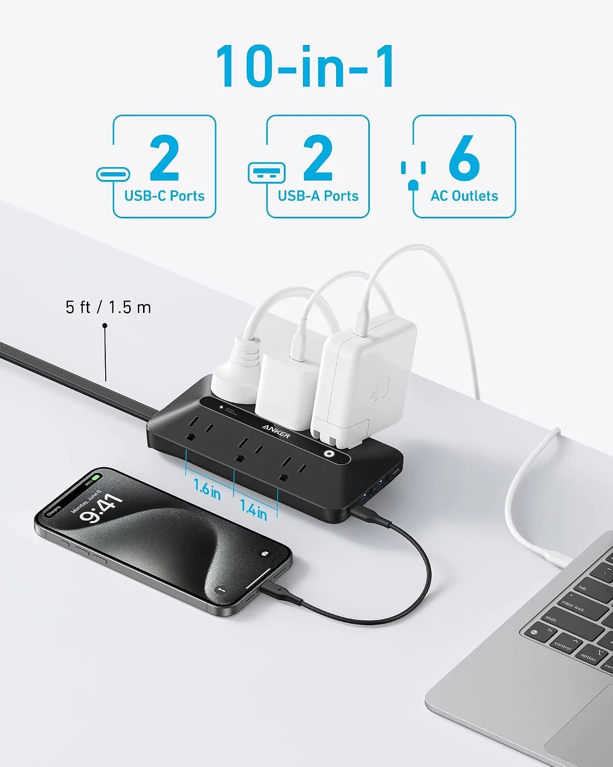 Anker Power Strip with 300J Surge Protector, 5ft Outlet Extender, 20W, 6AC