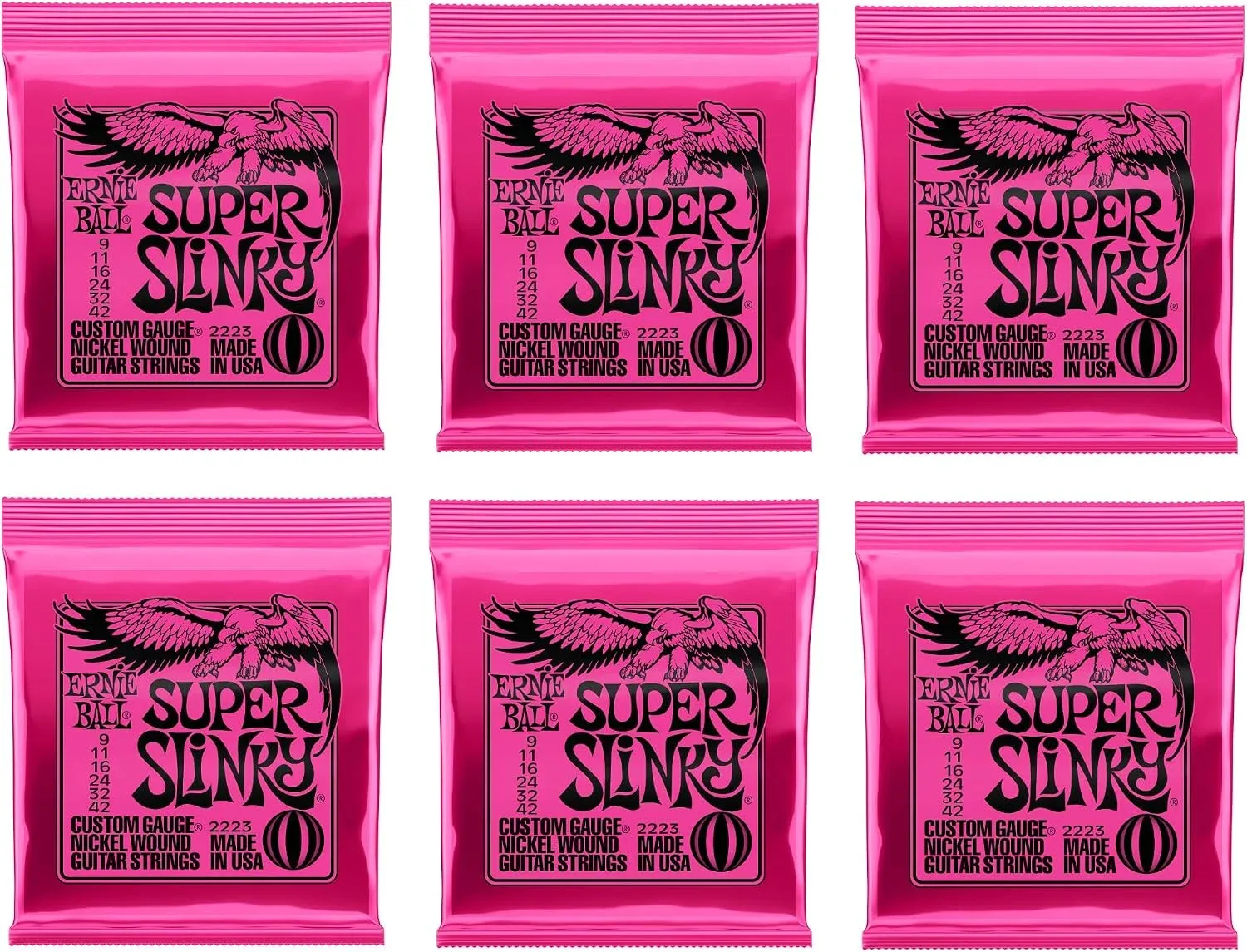 Ernie Ball Super Slinky Nickel Wound Electric Guitar Strings 6-pack, 9-42 Gauge (P03023)